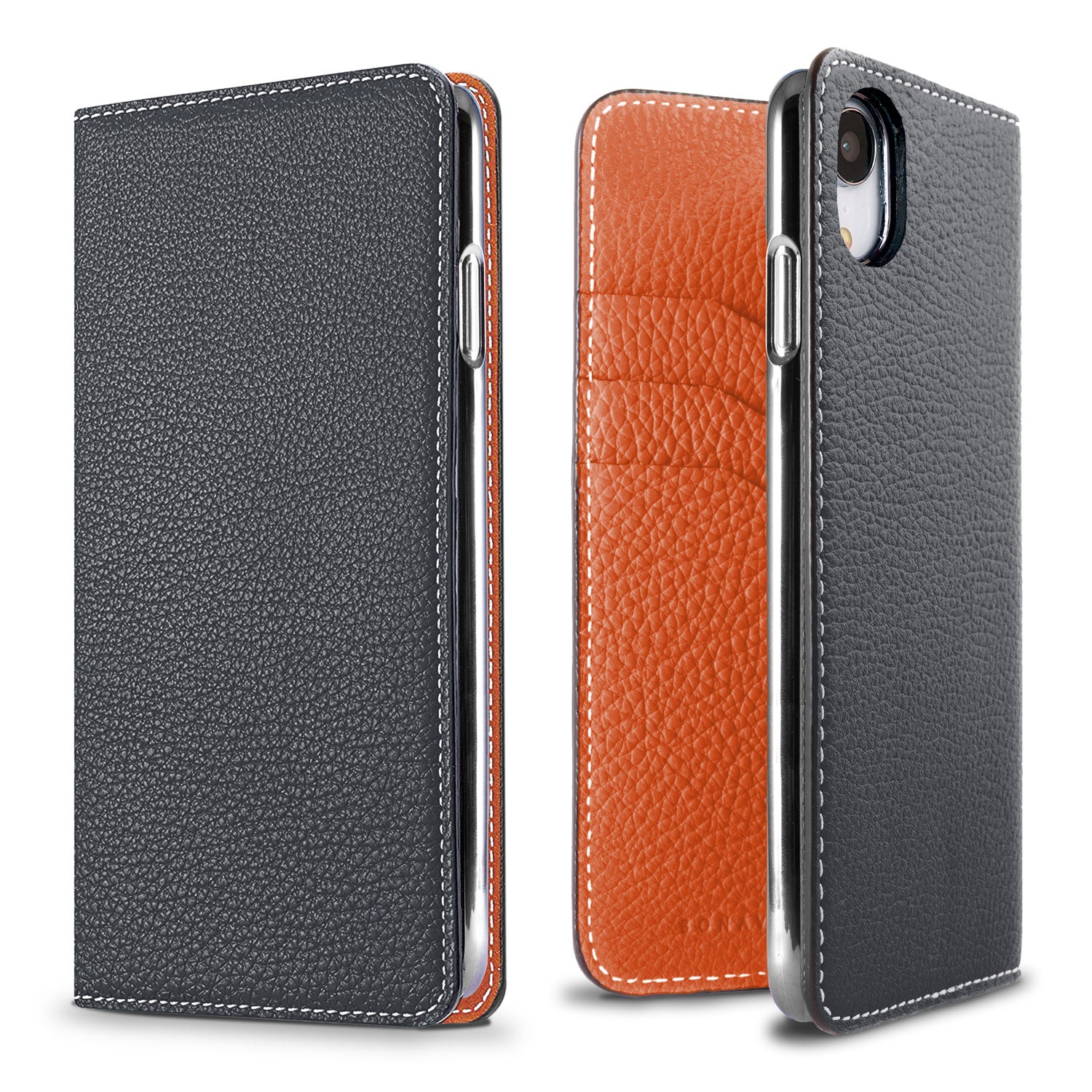 iPhone XR Diary Case Shrink Leather (Navy × Orange)