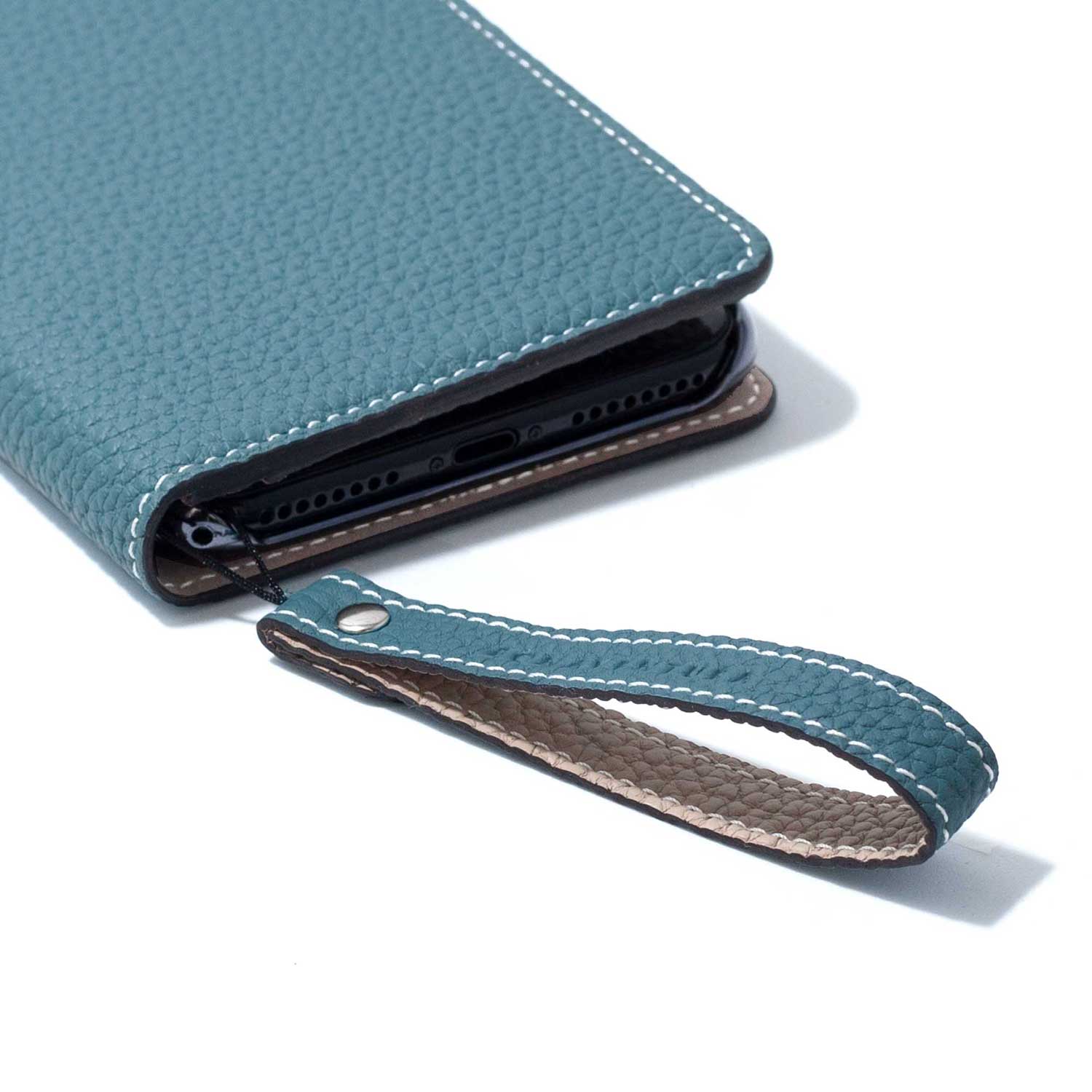 Wrist Strap Shrink Leather (Blue Cyan × Greige - Short)