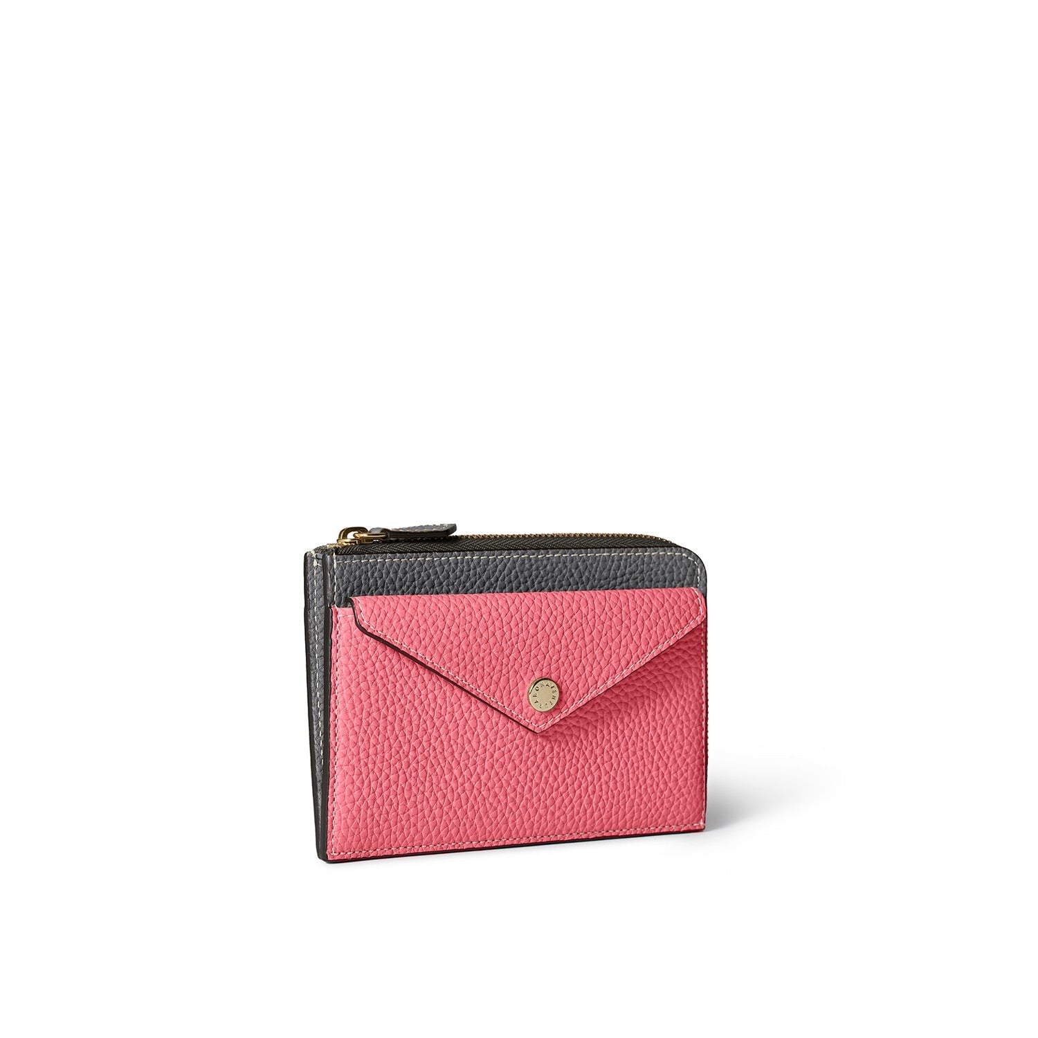 Envelope Zip Wallet Shrink Leather (Charcoal Gray × Azalee Pink)