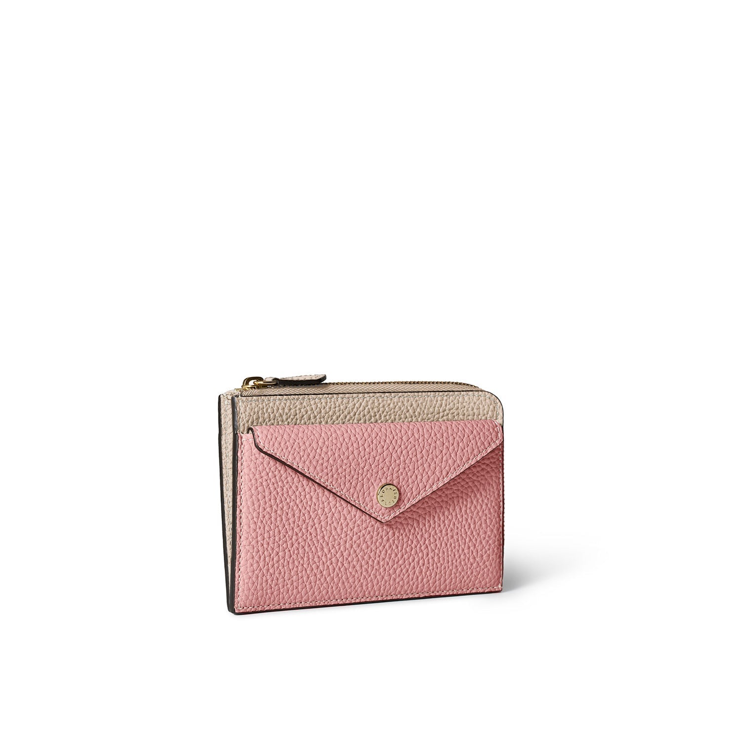 Envelope Zip Wallet Shrink Leather (Greige × Coral Pink)