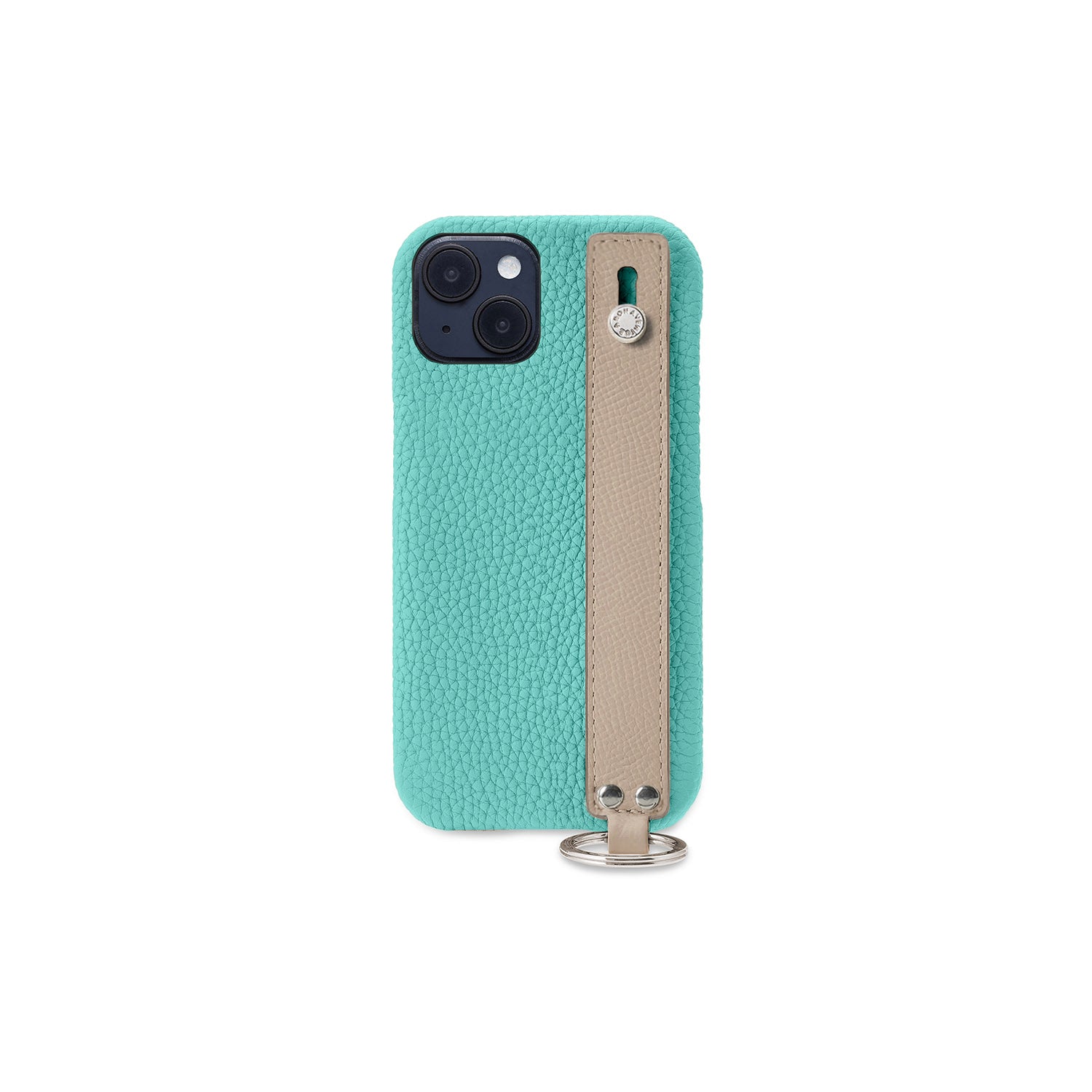 iPhone 14 Back Cover Case with Handle Shrink Leather (Atoll Blue × Greige (Etoupe edge paint) - Silver)