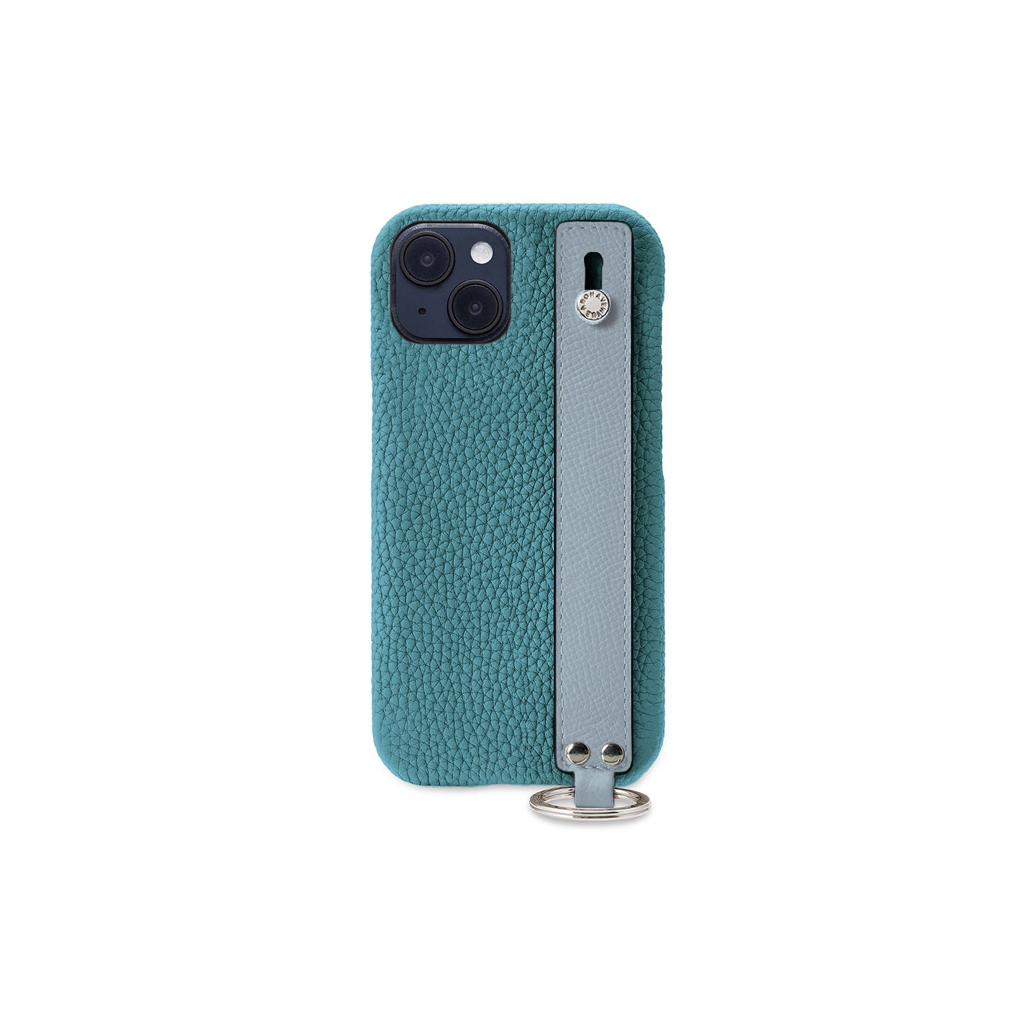 iPhone 14 Plus Back Cover Case with Handle Shrink Leather (Blue Cyan × Blue Lin - Silver)