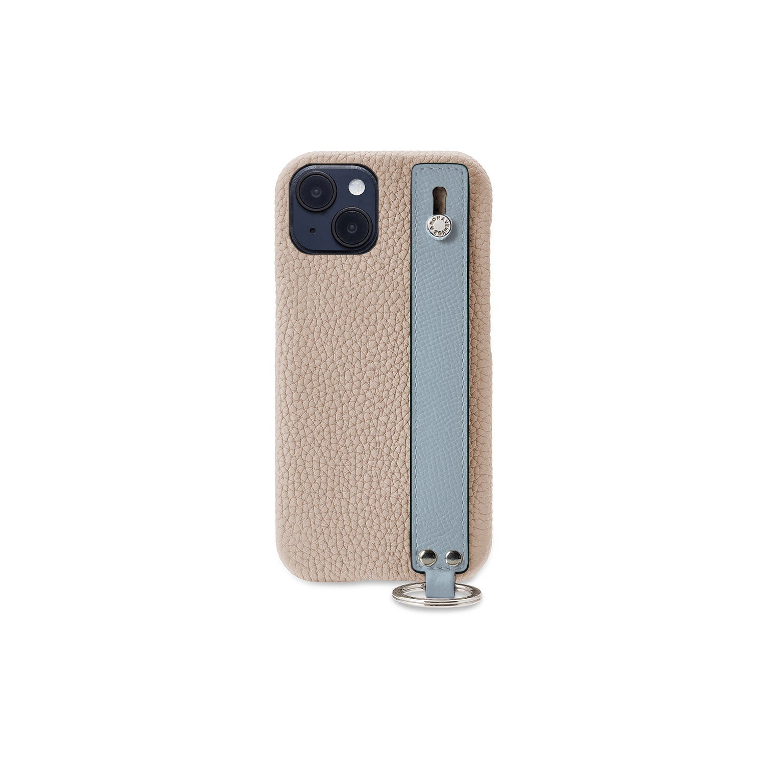 iPhone 14 Plus Back Cover Case with Handle Shrink Leather (Greige × Blue Lin - Silver)