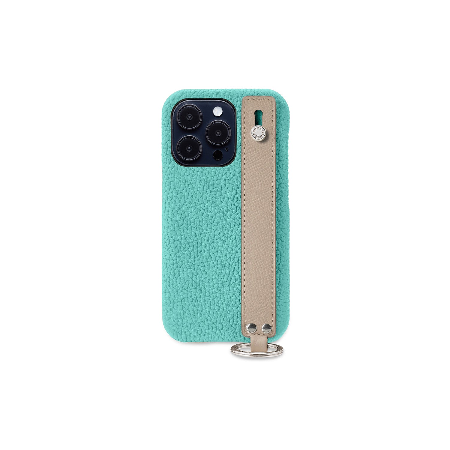 iPhone 14 Pro Max Back Cover Case with Handle Shrink Leather (Atoll Blue × Greige (Etoupe edge paint) - Silver)