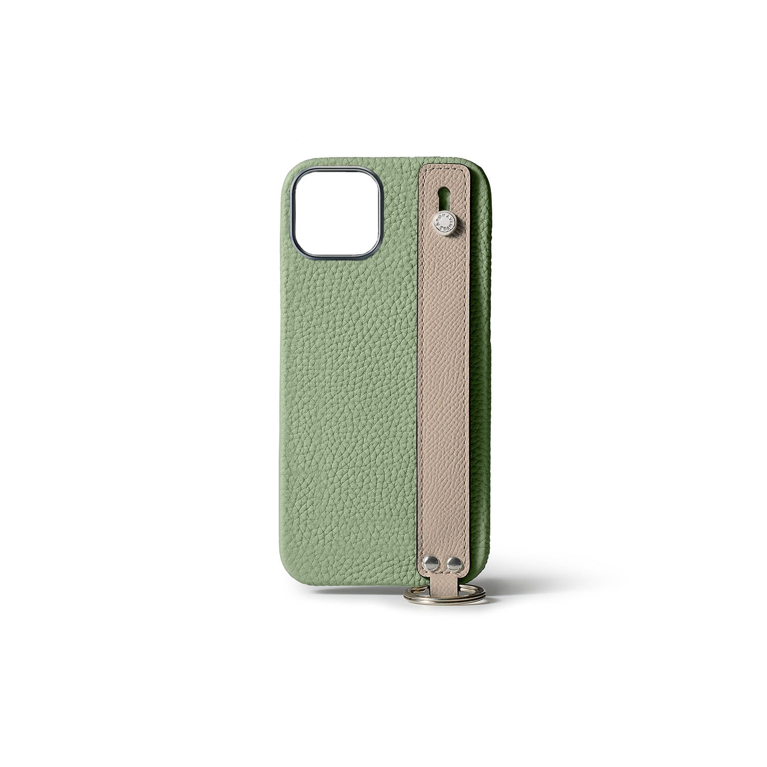 iPhone 15 Back Cover Case with Handle Shrink Leather (Atmos Green × Greige - Silver)