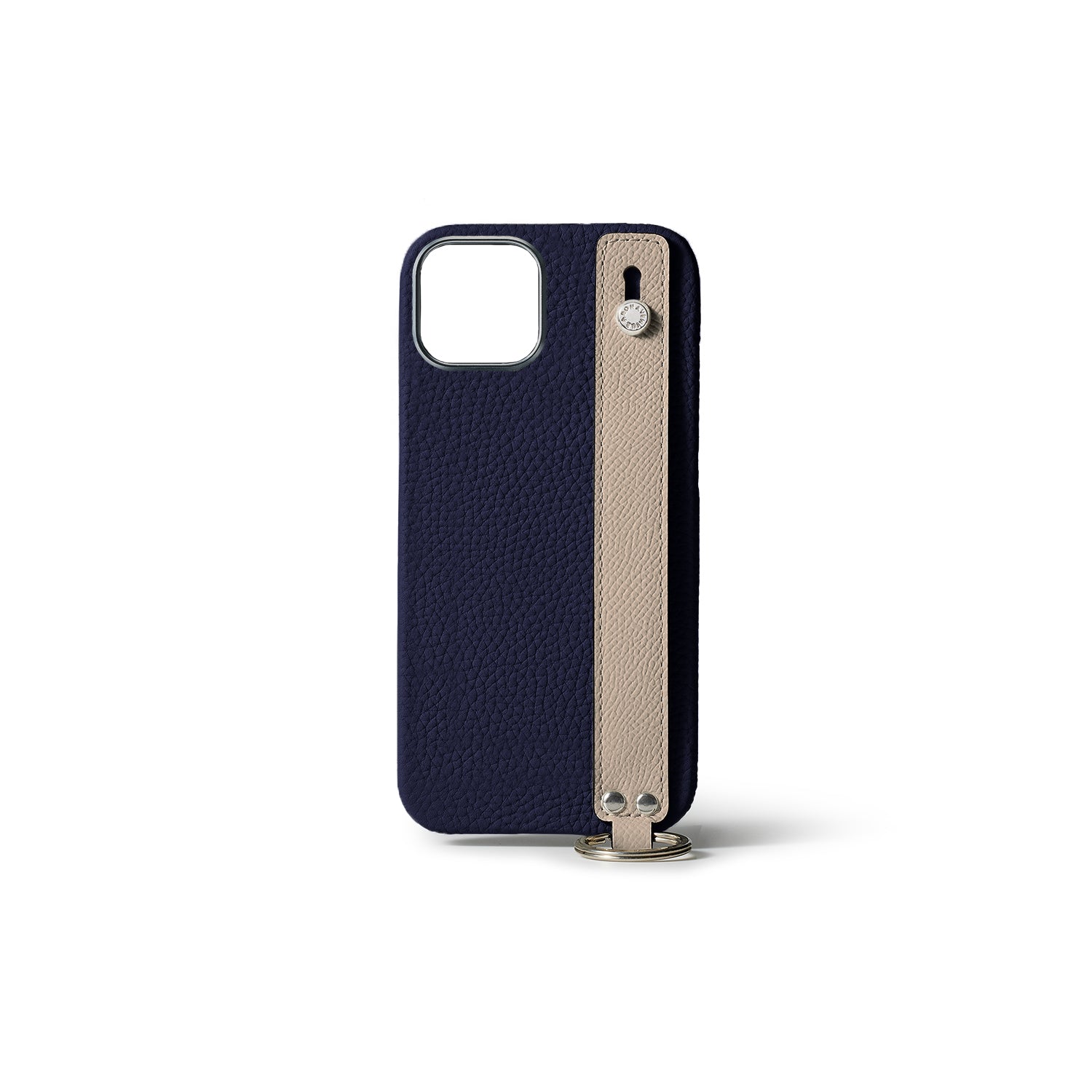 iPhone 15 Back Cover Case with Handle Shrink Leather (Navy × Greige - Silver)