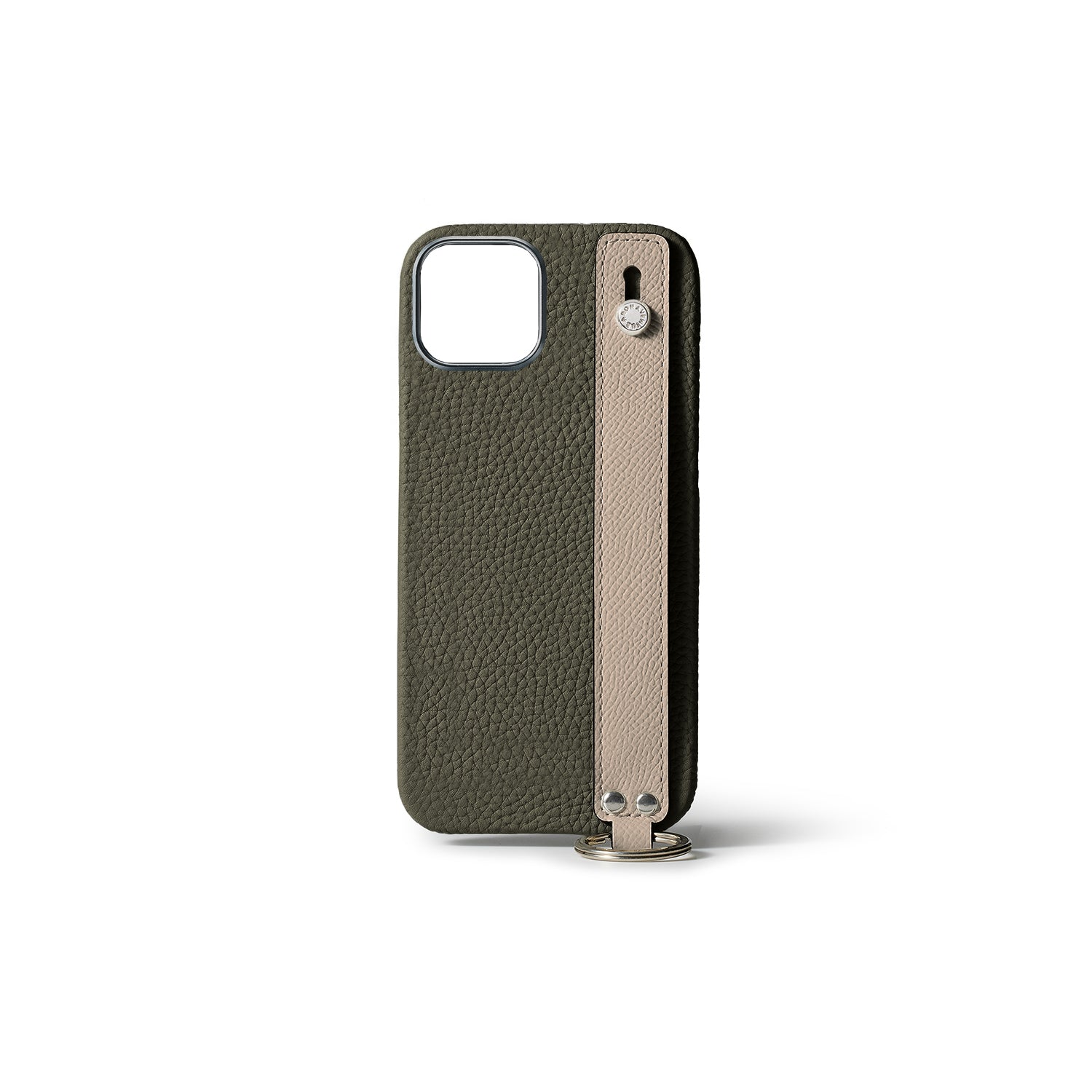 iPhone 15 Back Cover Case with Handle Shrink Leather (Olive × Greige - Silver)