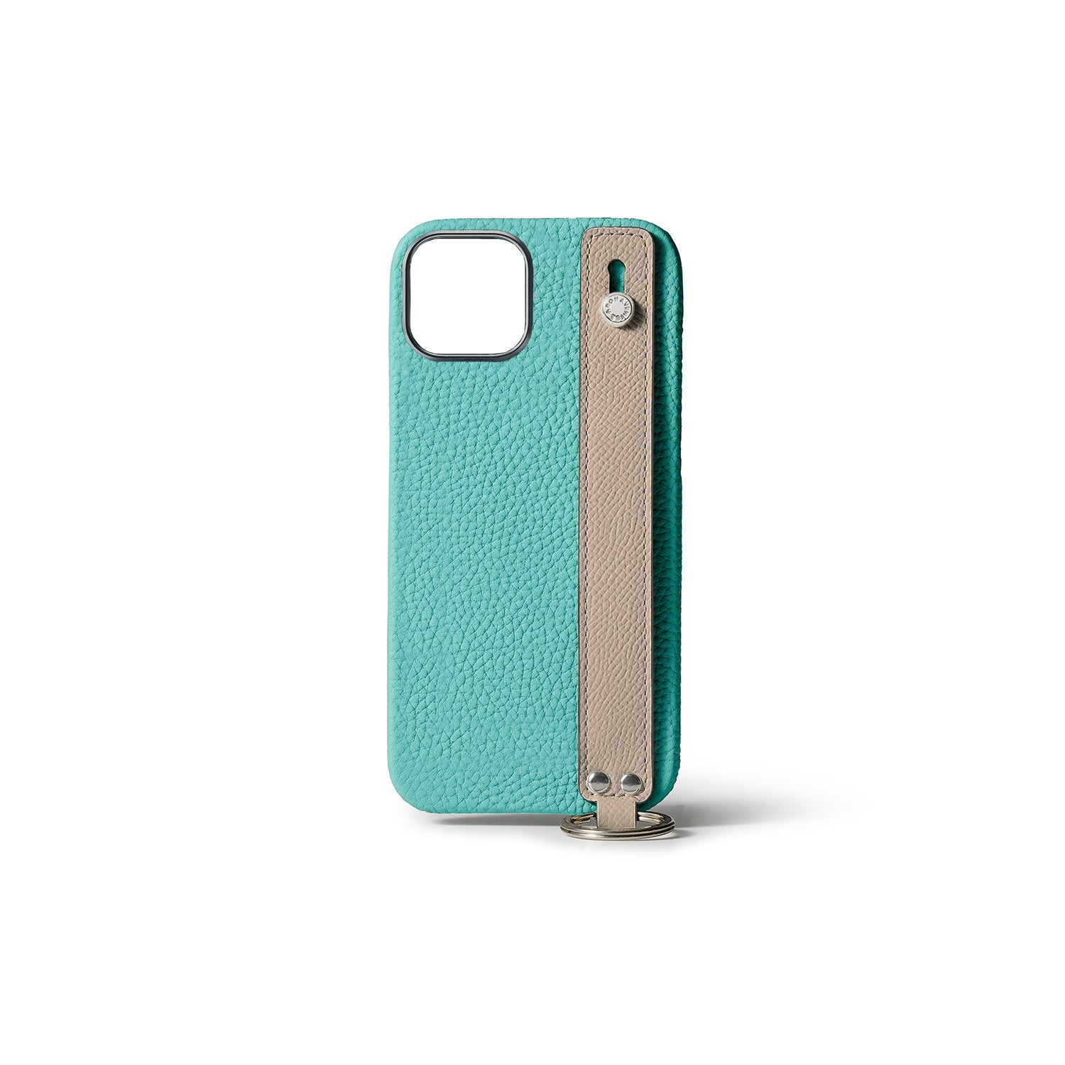 iPhone 15 Back Cover Case with Handle Shrink Leather (Atoll Blue × Greige (Etoupe edge paint) - Silver)