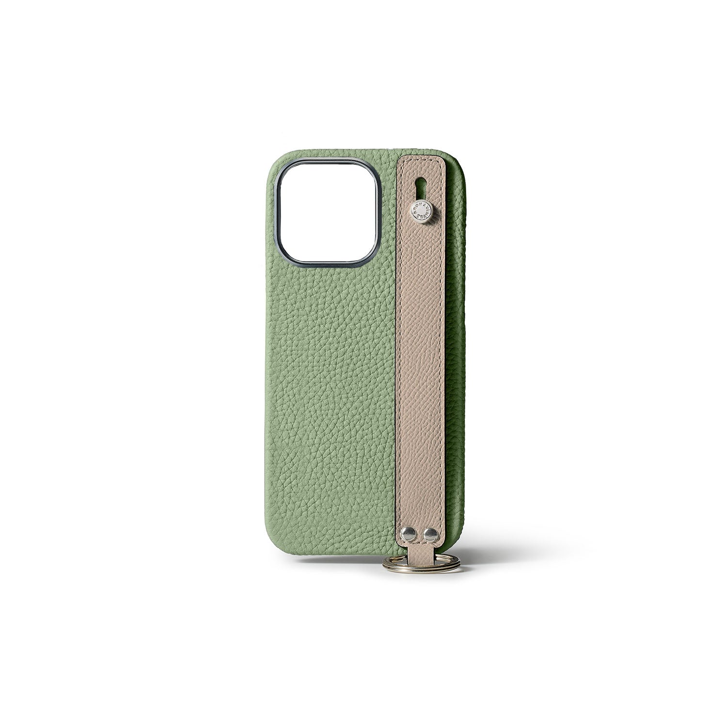 iPhone 15 Pro Back Cover Case with Handle Shrink Leather (Atmos Green × Greige - Silver)