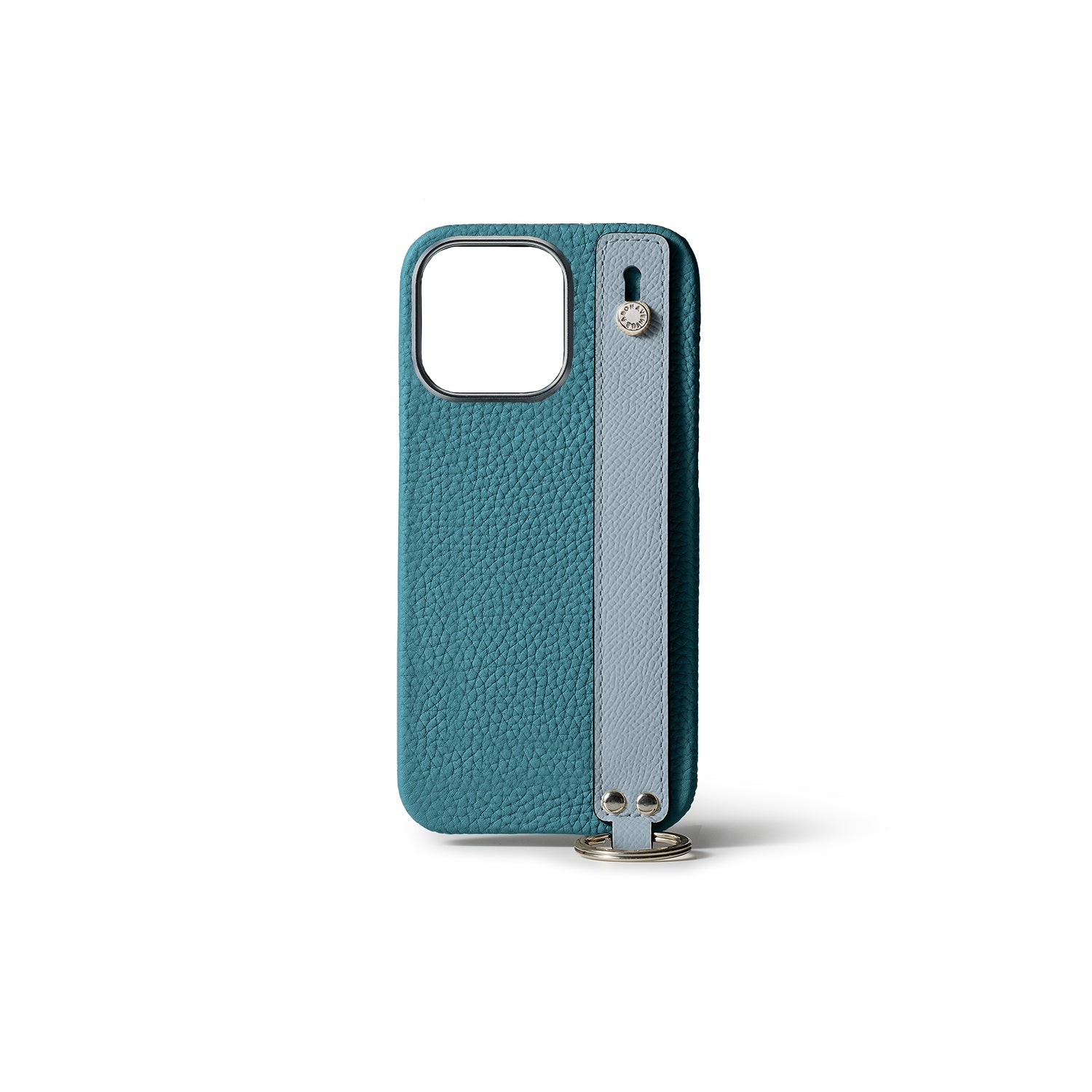 iPhone 15 Pro Back Cover Case with Handle Shrink Leather (Blue Cyan × Blue Lin - Silver)