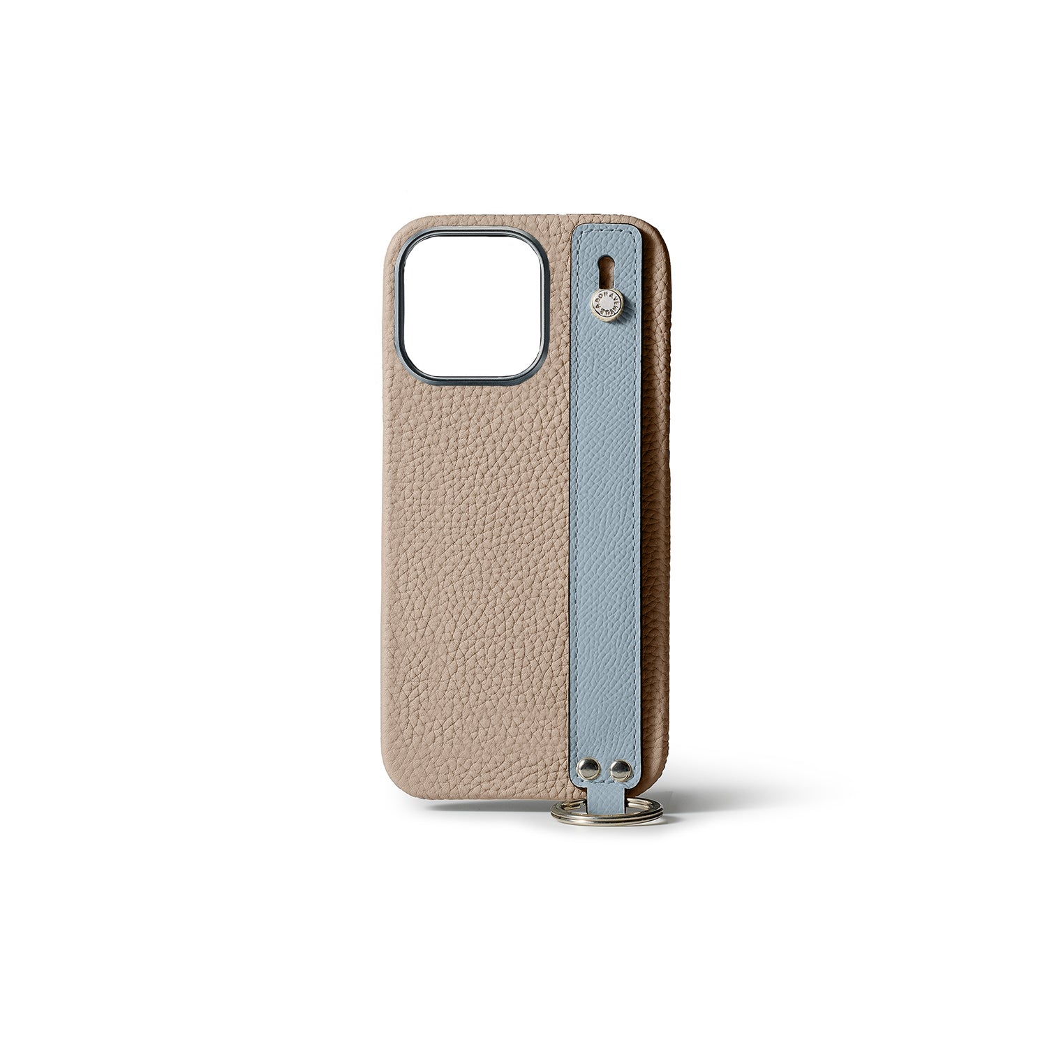 iPhone 15 Pro Back Cover Case with Handle Shrink Leather (Greige × Blue Lin - Silver)