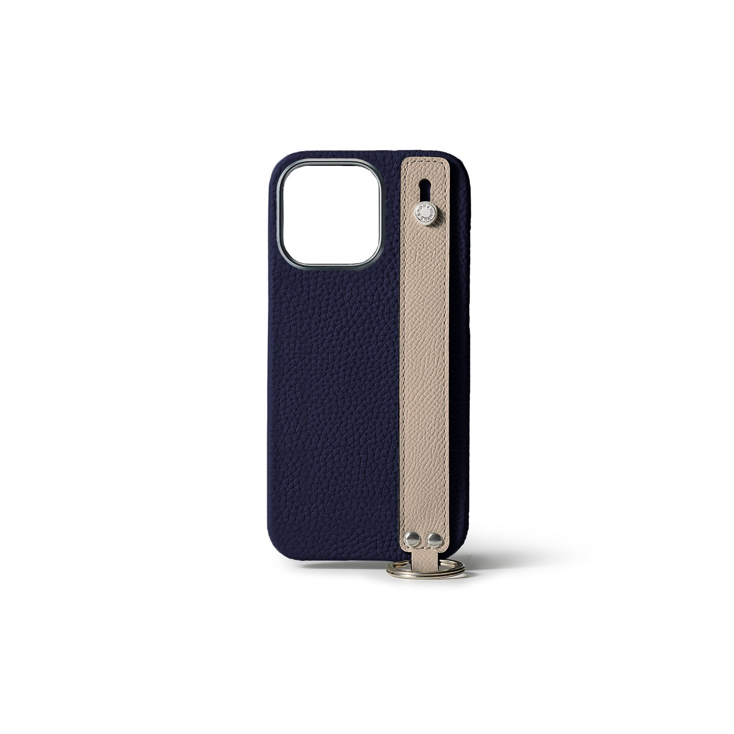 iPhone 15 Pro Back Cover Case with Handle Shrink Leather (Navy × Greige - Silver)