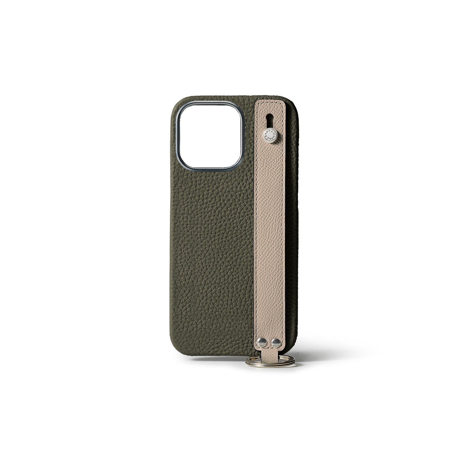 iPhone 15 Pro Back Cover Case with Handle Shrink Leather (Olive × Greige - Silver)