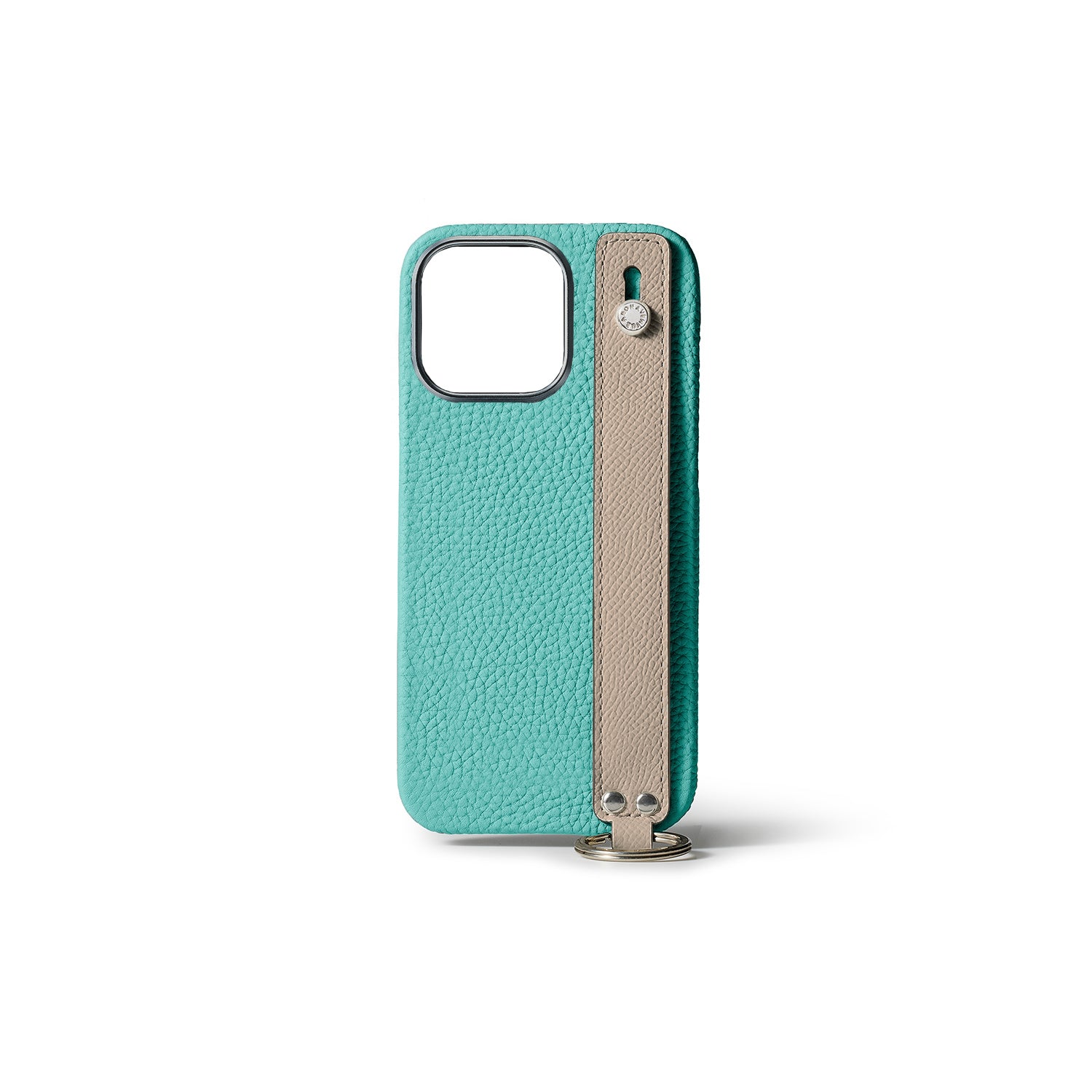 iPhone 15 Pro Back Cover Case with Handle Shrink Leather (Atoll Blue × Greige (Etoupe edge paint) - Silver)