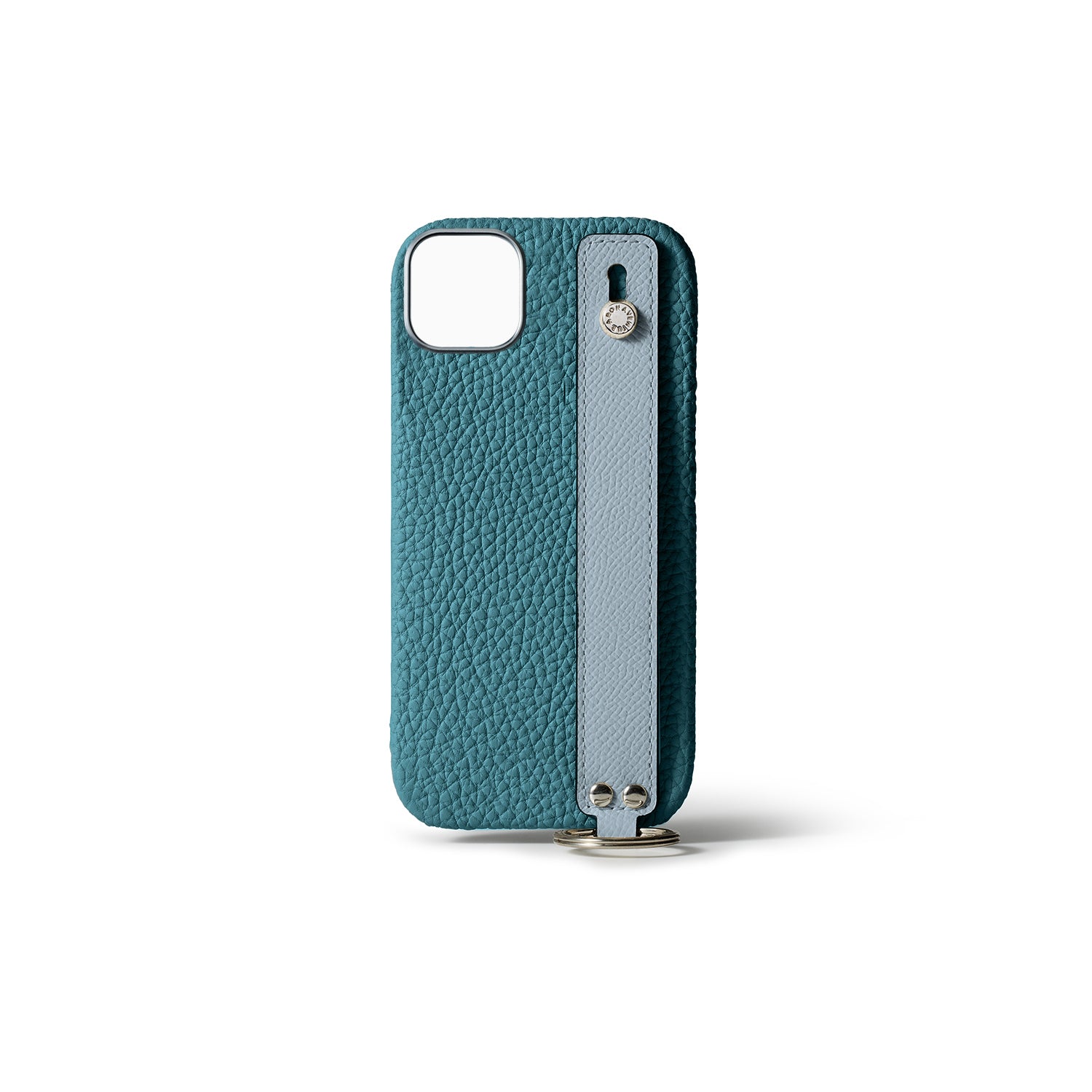 iPhone 15 Plus Back Cover Case with Handle Shrink Leather (Blue Cyan × Blue Lin - Silver)