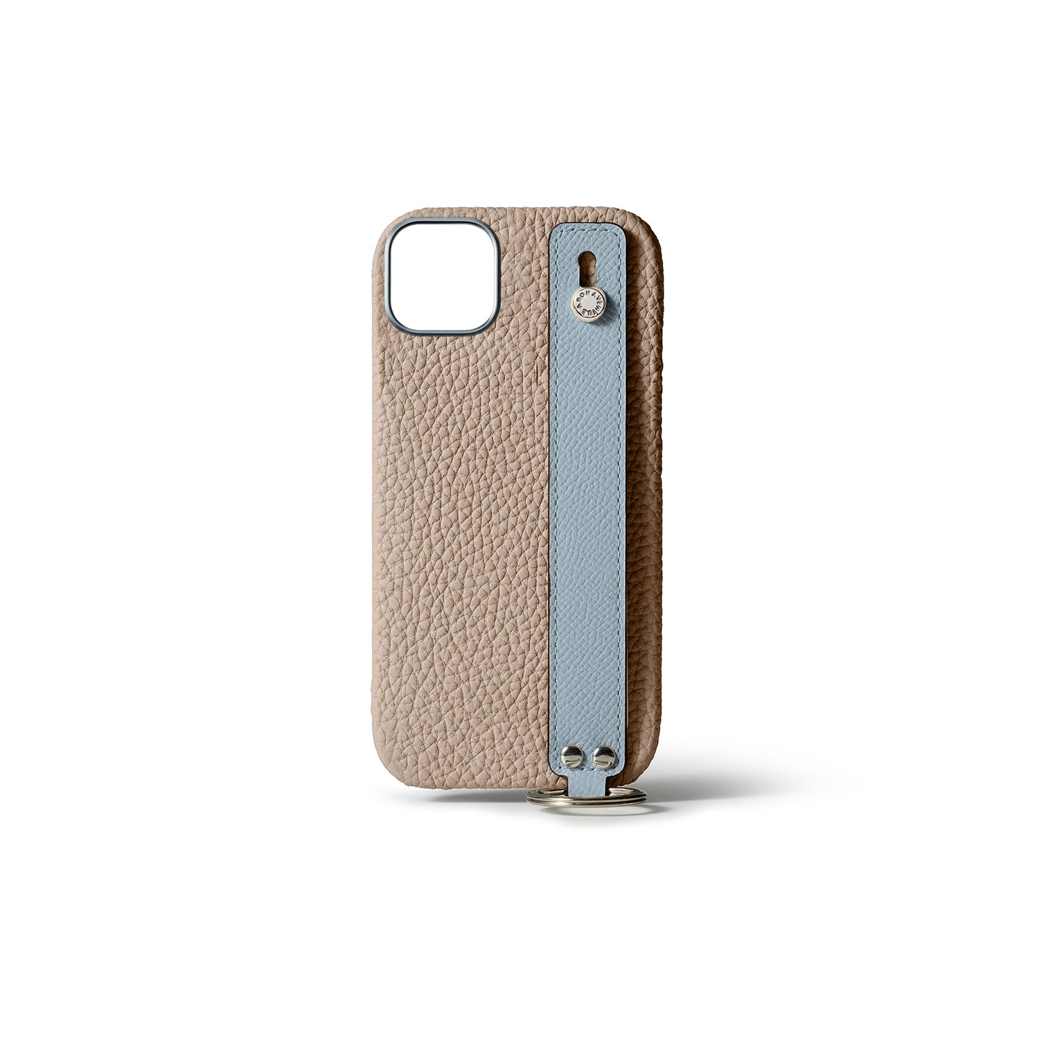 iPhone 15 Plus Back Cover Case with Handle Shrink Leather (Greige × Blue Lin - Silver)