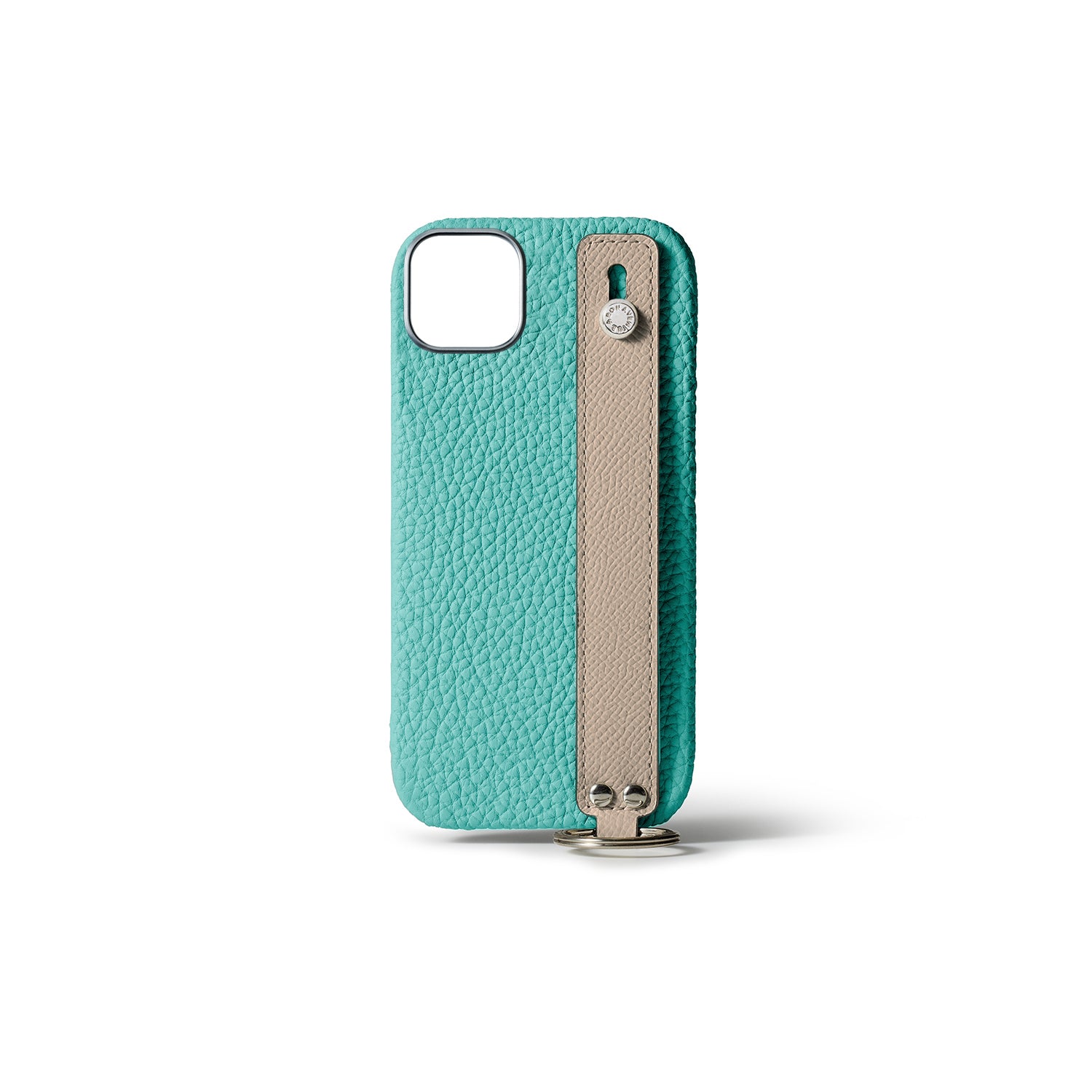 iPhone 15 Plus Back Cover Case with Handle Shrink Leather (Atoll Blue × Greige (Etoupe edge paint) - Silver)
