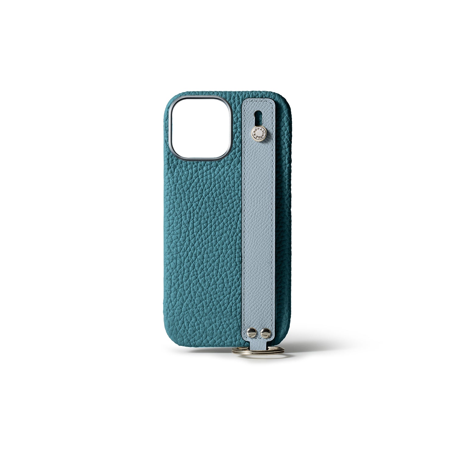 iPhone 15 Pro Max Back Cover Case with Handle Shrink Leather (Blue Cyan × Blue Lin - Silver)