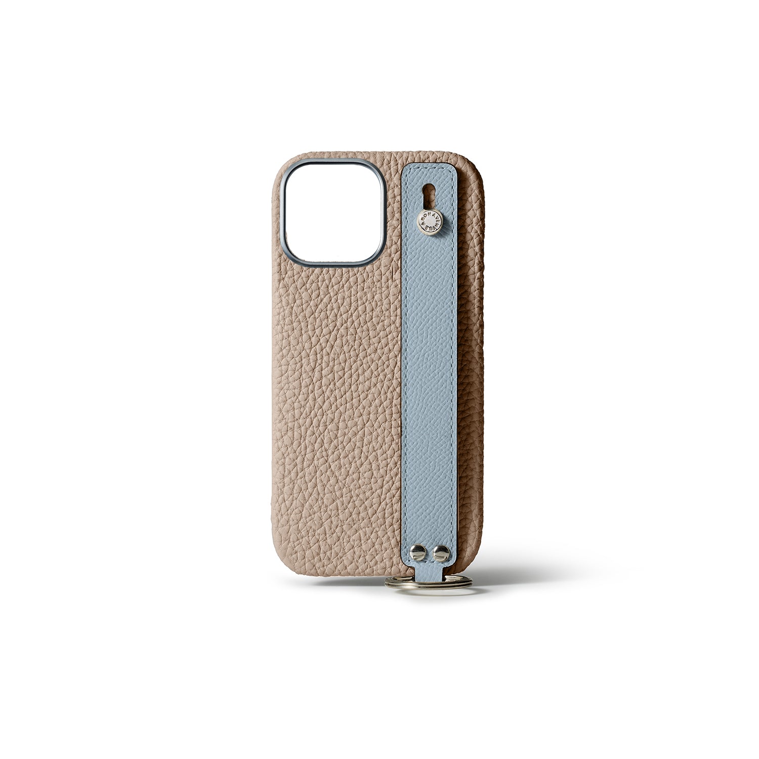 iPhone 15 Pro Max Back Cover Case with Handle Shrink Leather (Greige × Blue Lin - Silver)