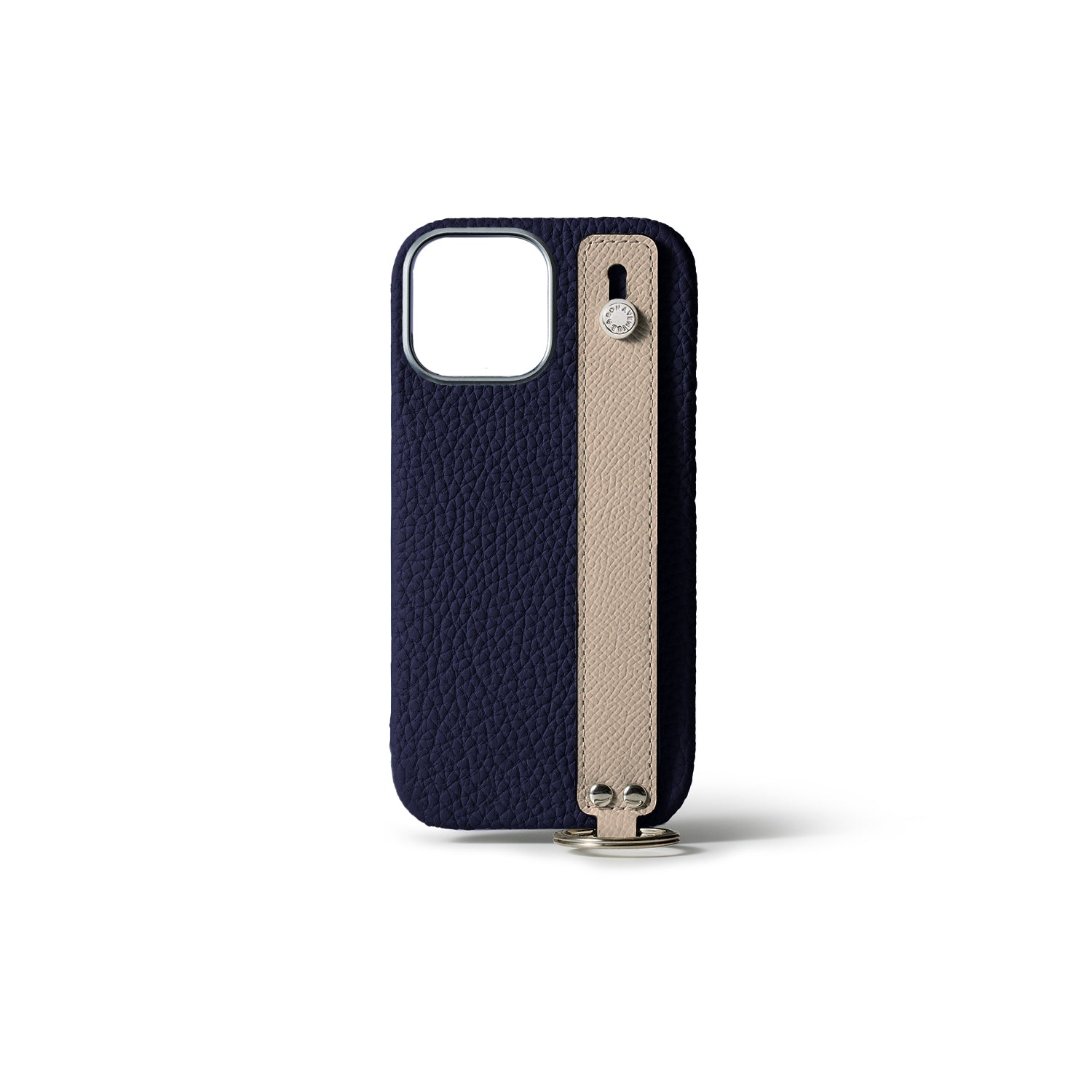 iPhone 15 Pro Max Back Cover Case with Handle Shrink Leather (Navy × Greige - Silver)