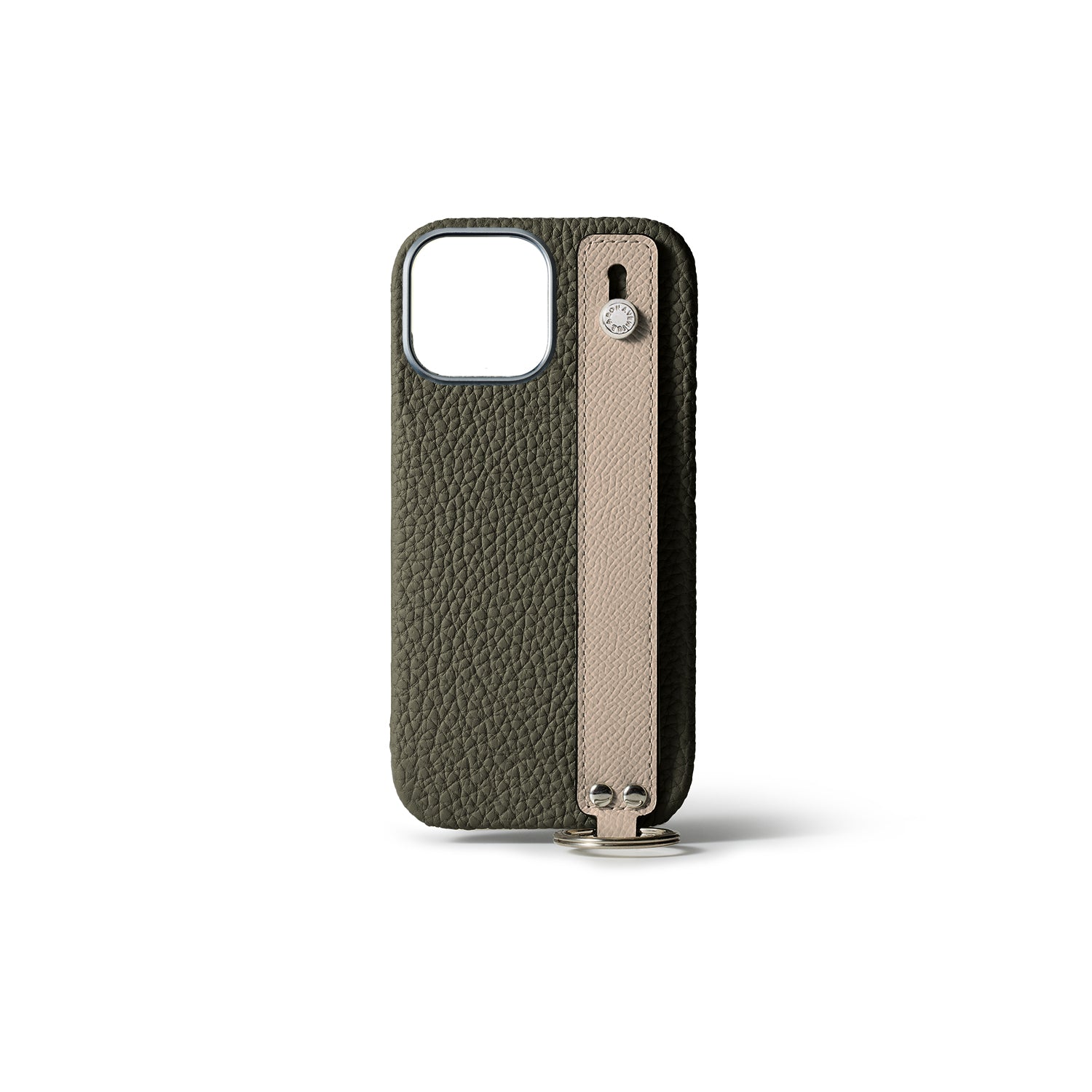 iPhone 15 Pro Max Back Cover Case with Handle Shrink Leather (Olive × Greige - Silver)
