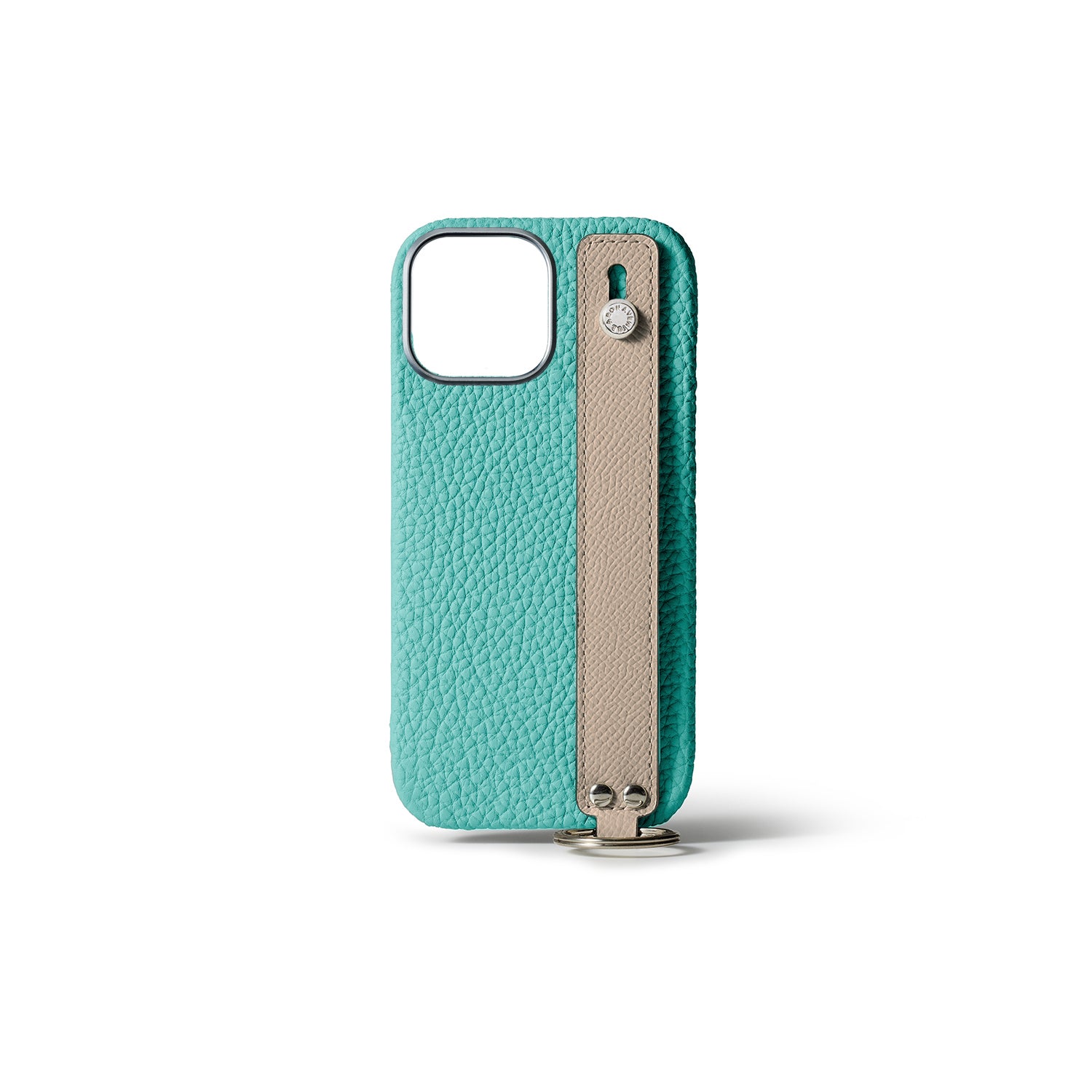 iPhone 15 Pro Max Back Cover Case with Handle Shrink Leather (Atoll Blue × Greige (Etoupe edge paint) - Silver)