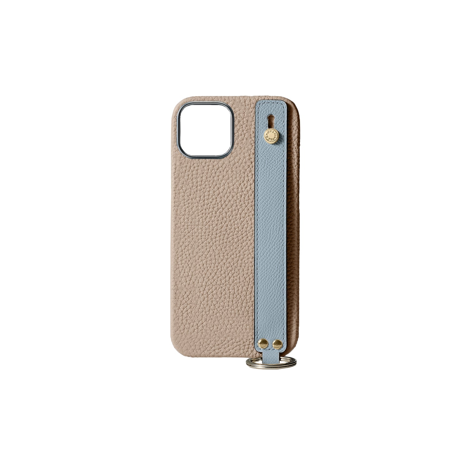 iPhone 15 Back Cover Case with Handle Shrink Leather (Greige × Blue Lin - Gold)