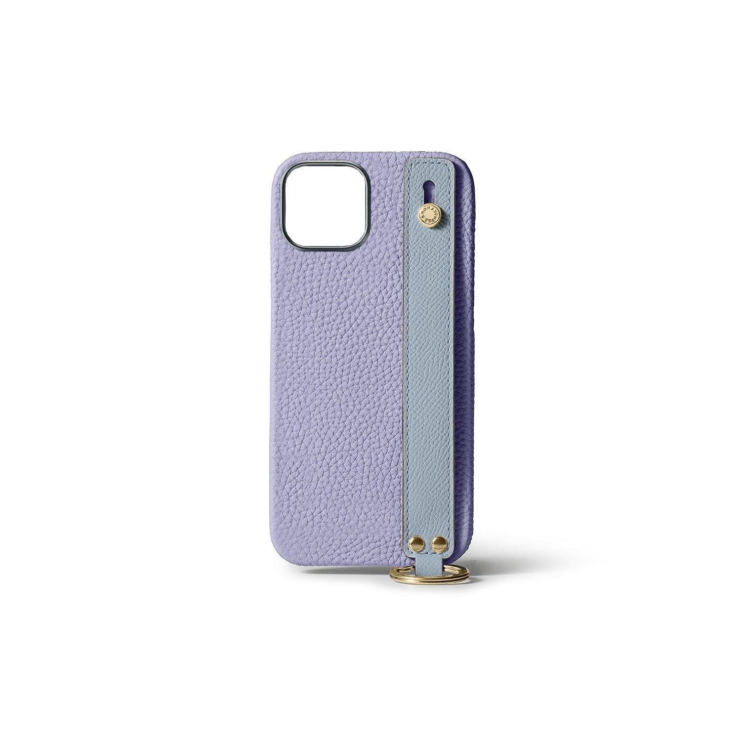 iPhone 15 Back Cover Case with Handle Shrink Leather (Wisteria Purple × Blue Lin (Etoupe edge paint) - Gold)