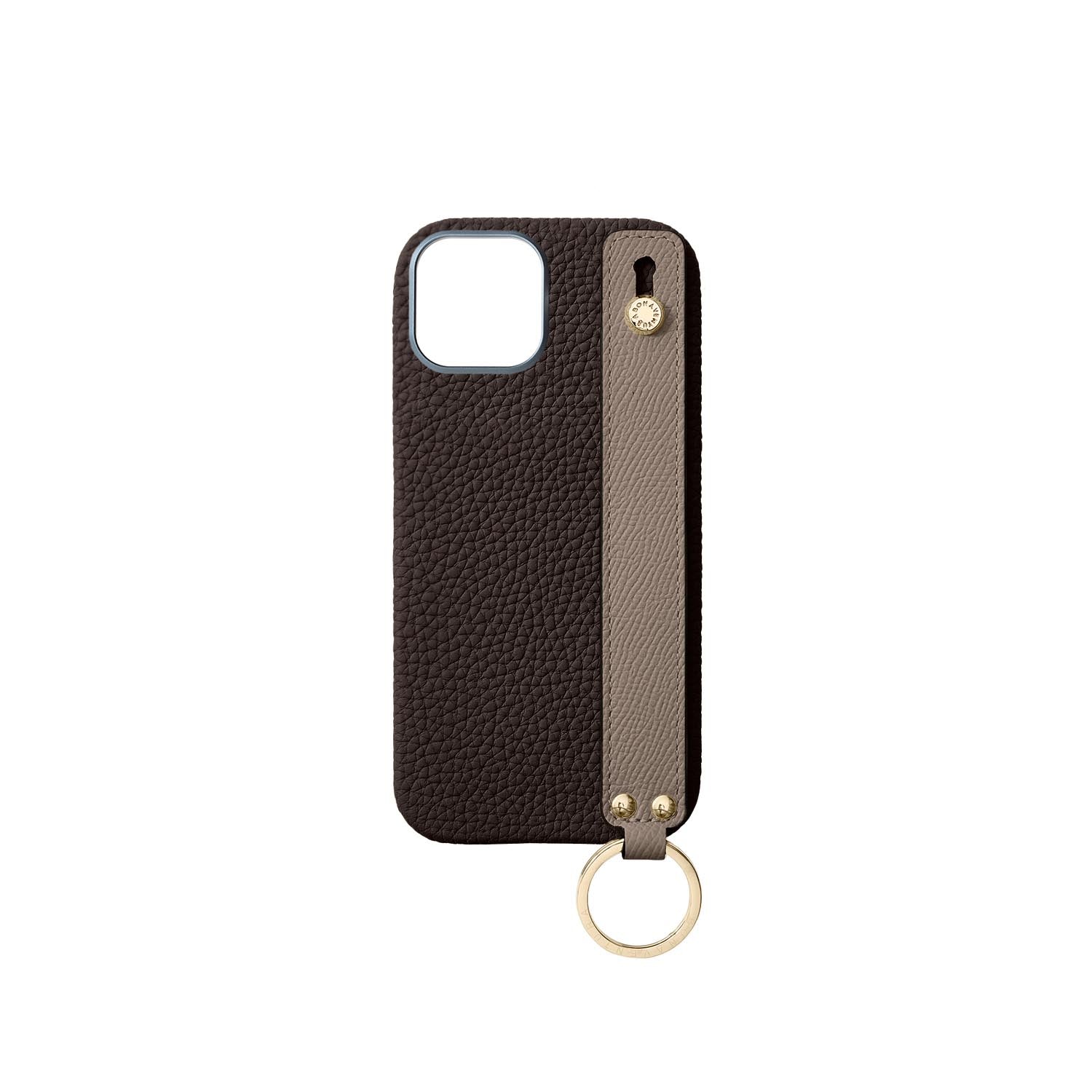 iPhone 16 Back Cover Case with Handle Shrink Leather (Chocolate Brown × Etoupe - Gold)