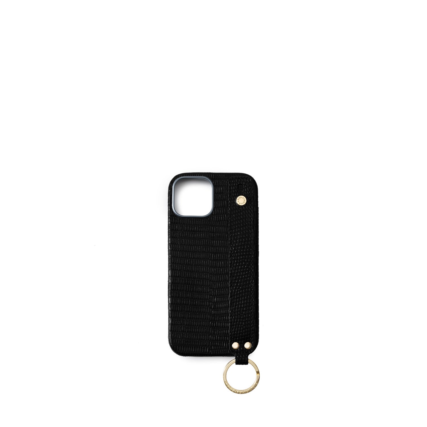 iPhone 17 Back Cover Case with Handle Embossed Lizard Leather (Black - Gold)