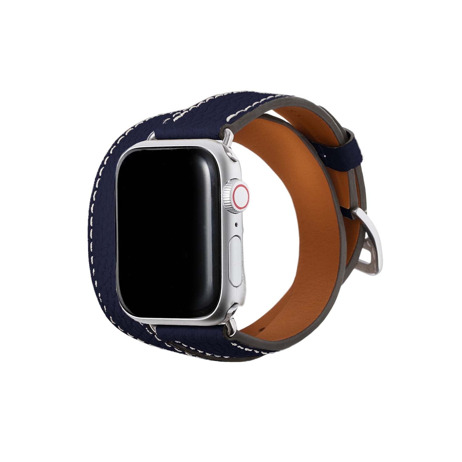 Double Tour Apple Watch Band Shrink Leather (Silver Adapter - Navy - 38mm/40mm/41mm/42mm - S / M)