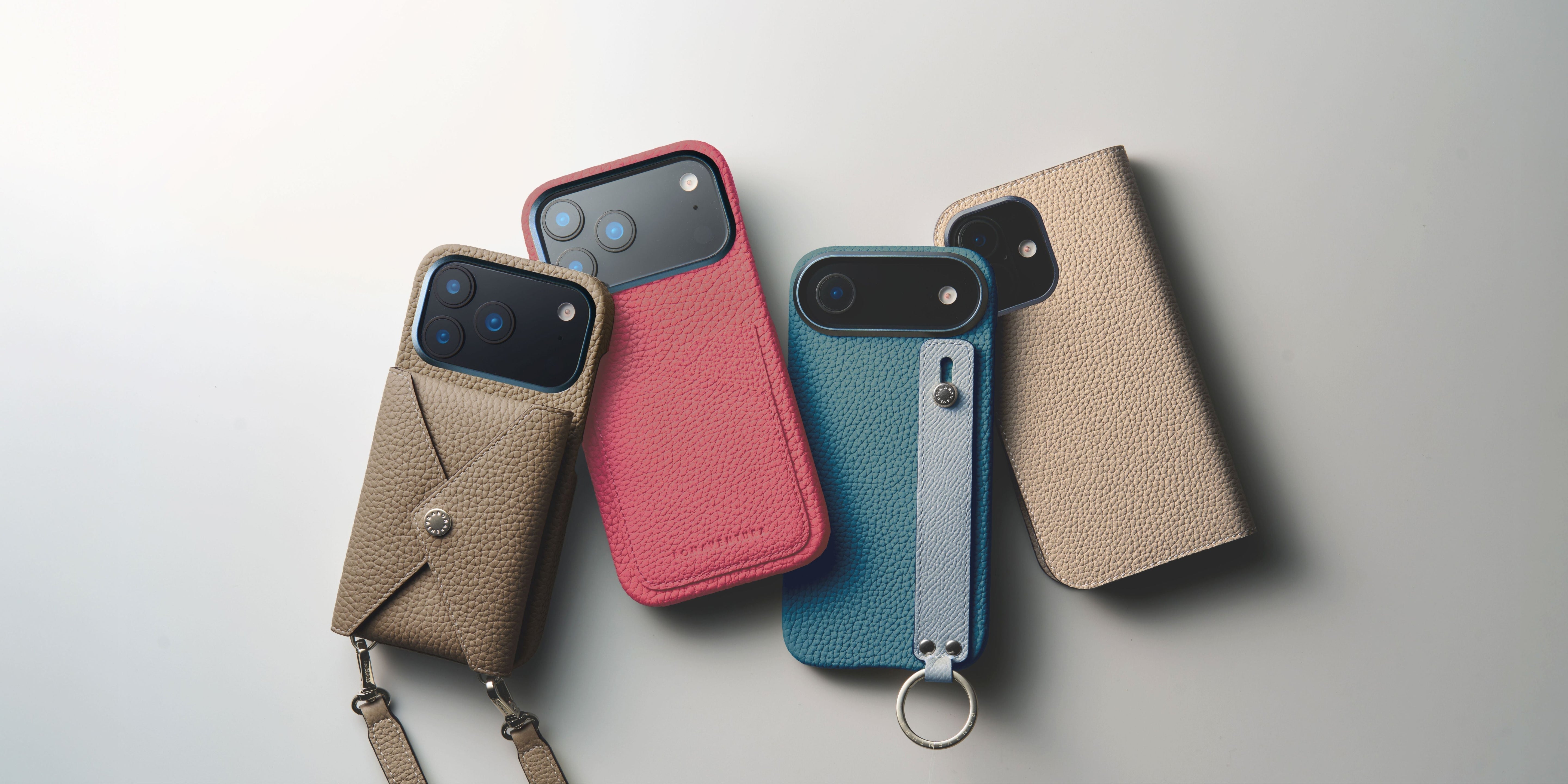 iPhone 17 on a neutral tabletop with BONAVENTURA Luxury Shrink Leather cases