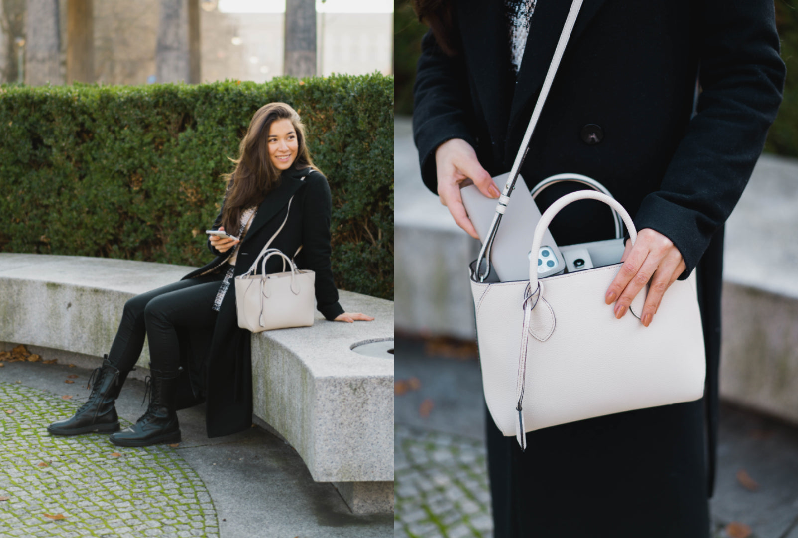 A fashion-conscious young woman with a white handbag, the Mia Tote Bag in Ivory, and the matching leather phone case.
