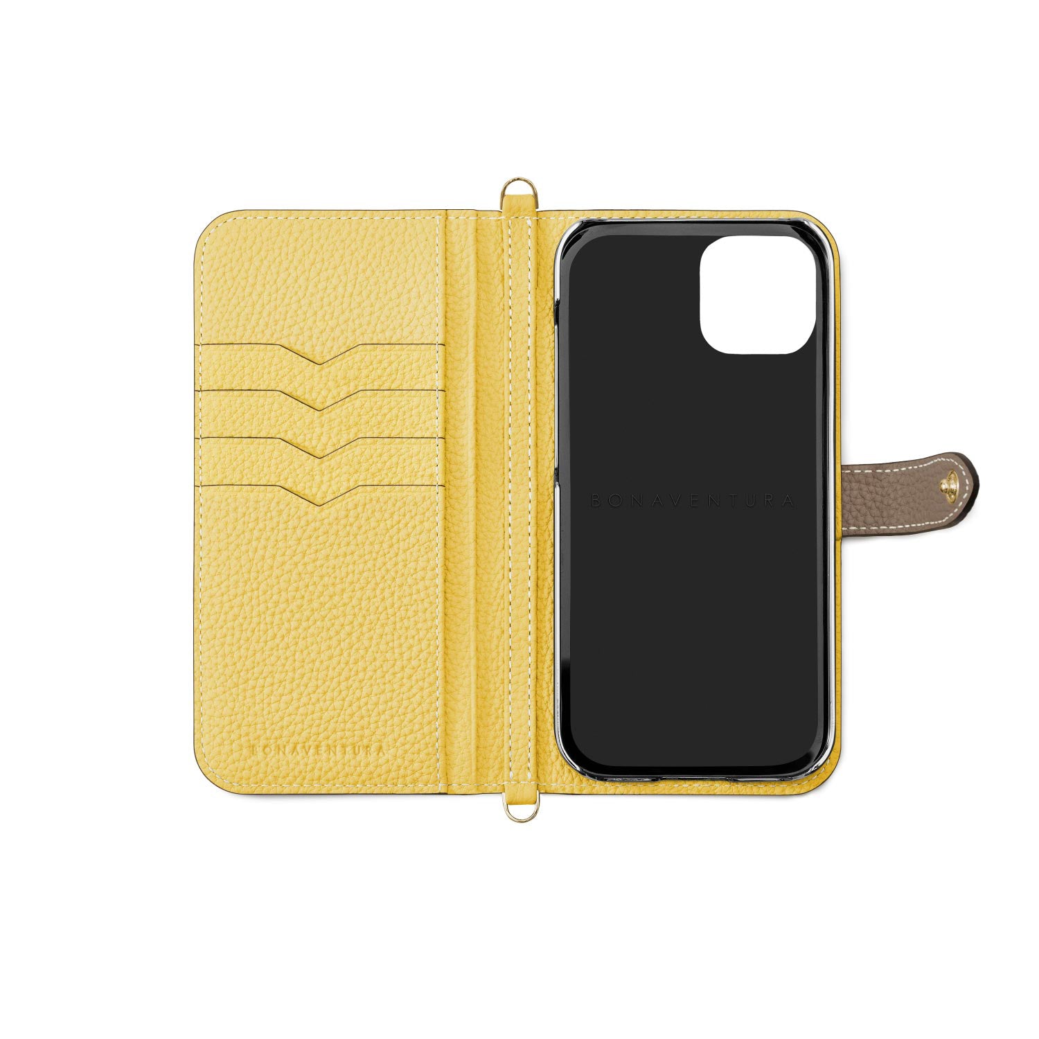 BONAVENTURA iPhone14 Plus エトープxイエロー 手帳型 iPhone 14 Plus Belted Diary Case Shrink Leather