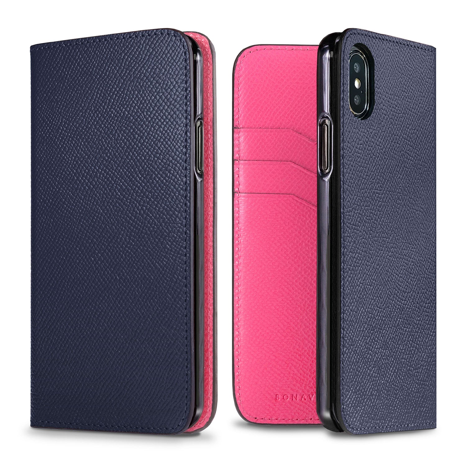 iPhone X / Xs Diary Case Nobile Leather (Navy × Fuchsia Pink)