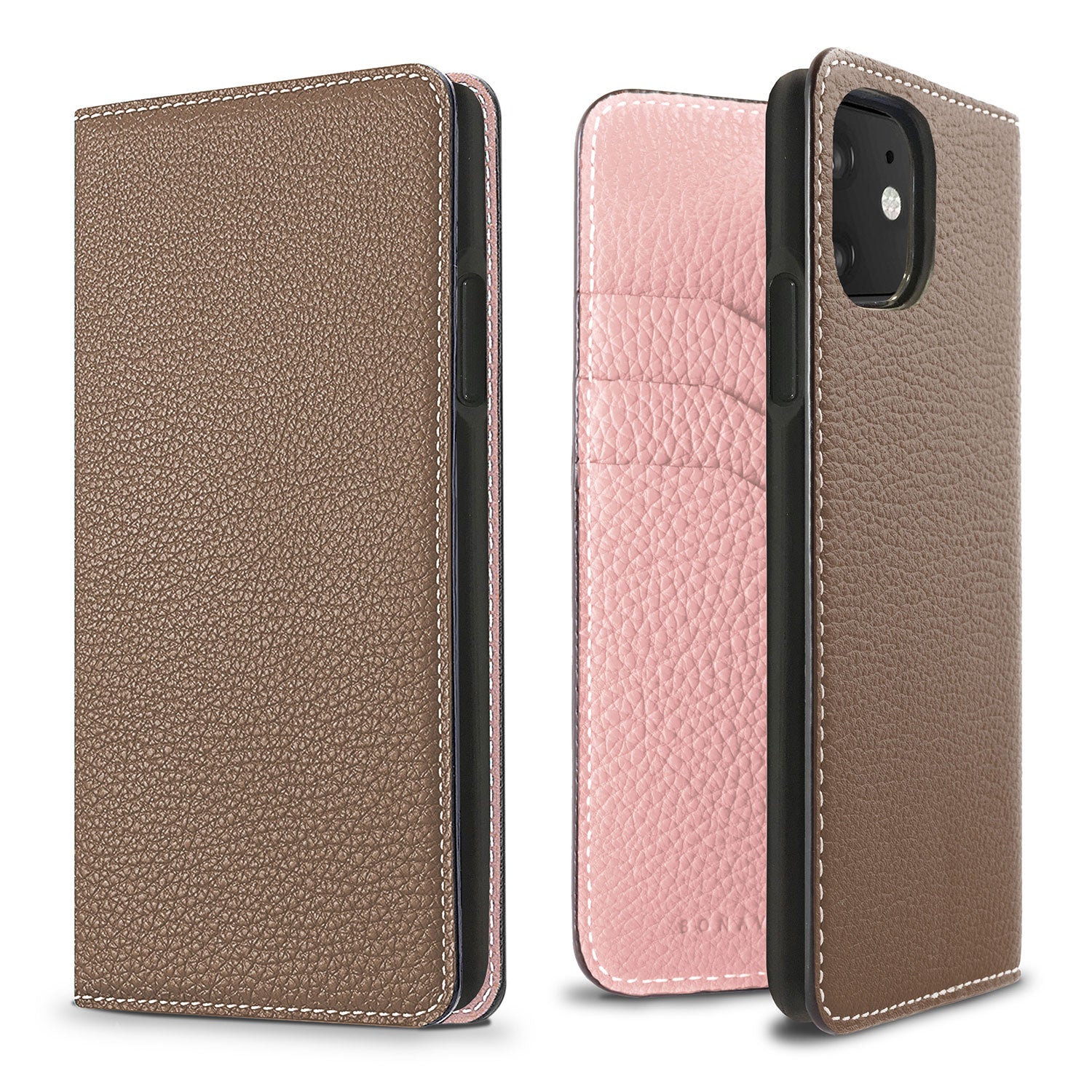 iPhone 11 Diary Case Shrink Leather (Etoupe × Sakura Pink)