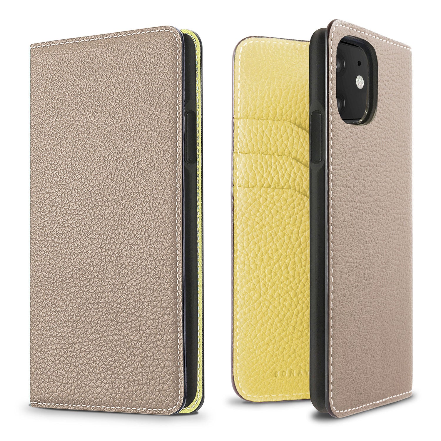 iPhone 11 Diary Case Shrink Leather (Greige × Yellow)