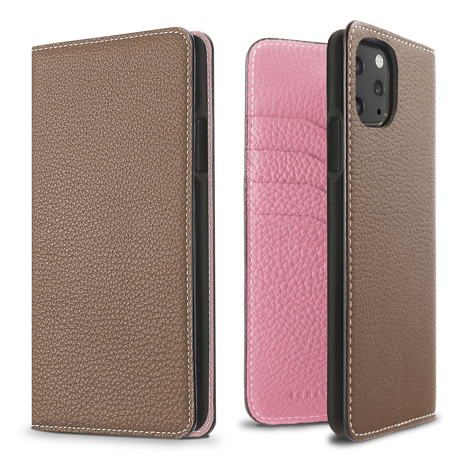 iPhone 11 Pro Max Diary Case Shrink Leather (Etoupe × Confetti Pink)