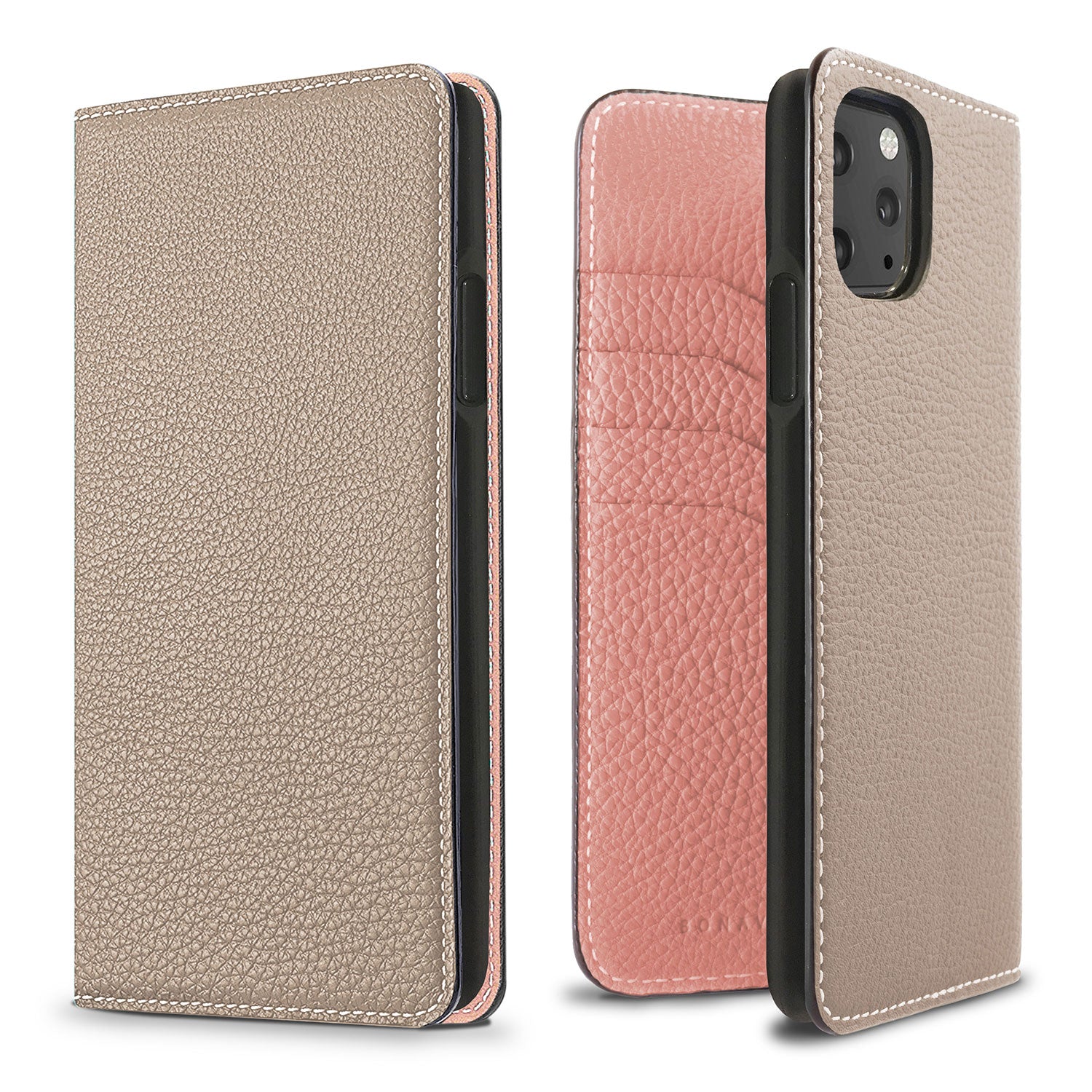 iPhone 11 Pro Max Diary Case Shrink Leather (Greige × Coral Pink)