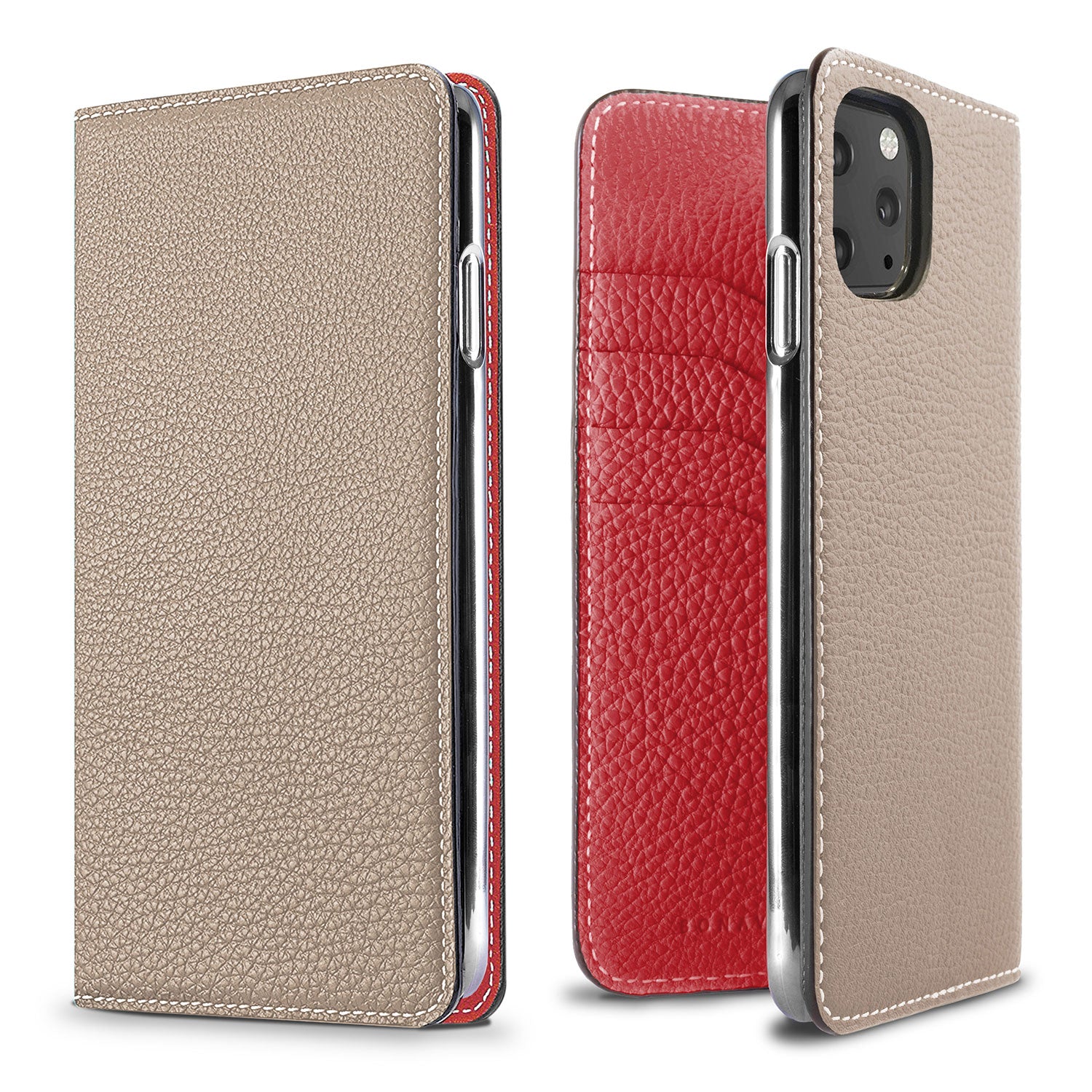 iPhone 11 Pro Max Diary Case Shrink Leather (Greige × Red)