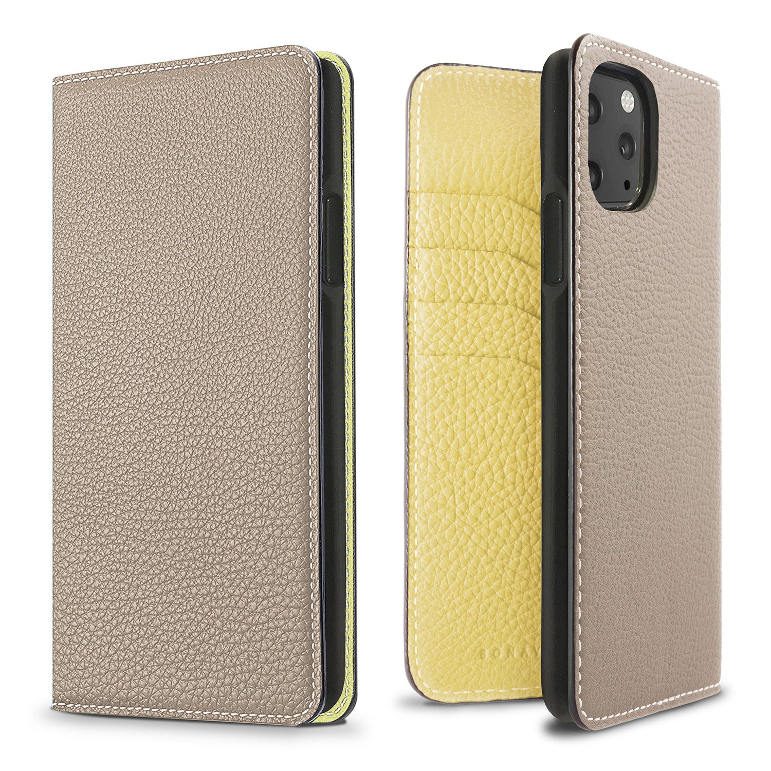 iPhone 11 Pro Max Diary Case Shrink Leather (Greige × Yellow)