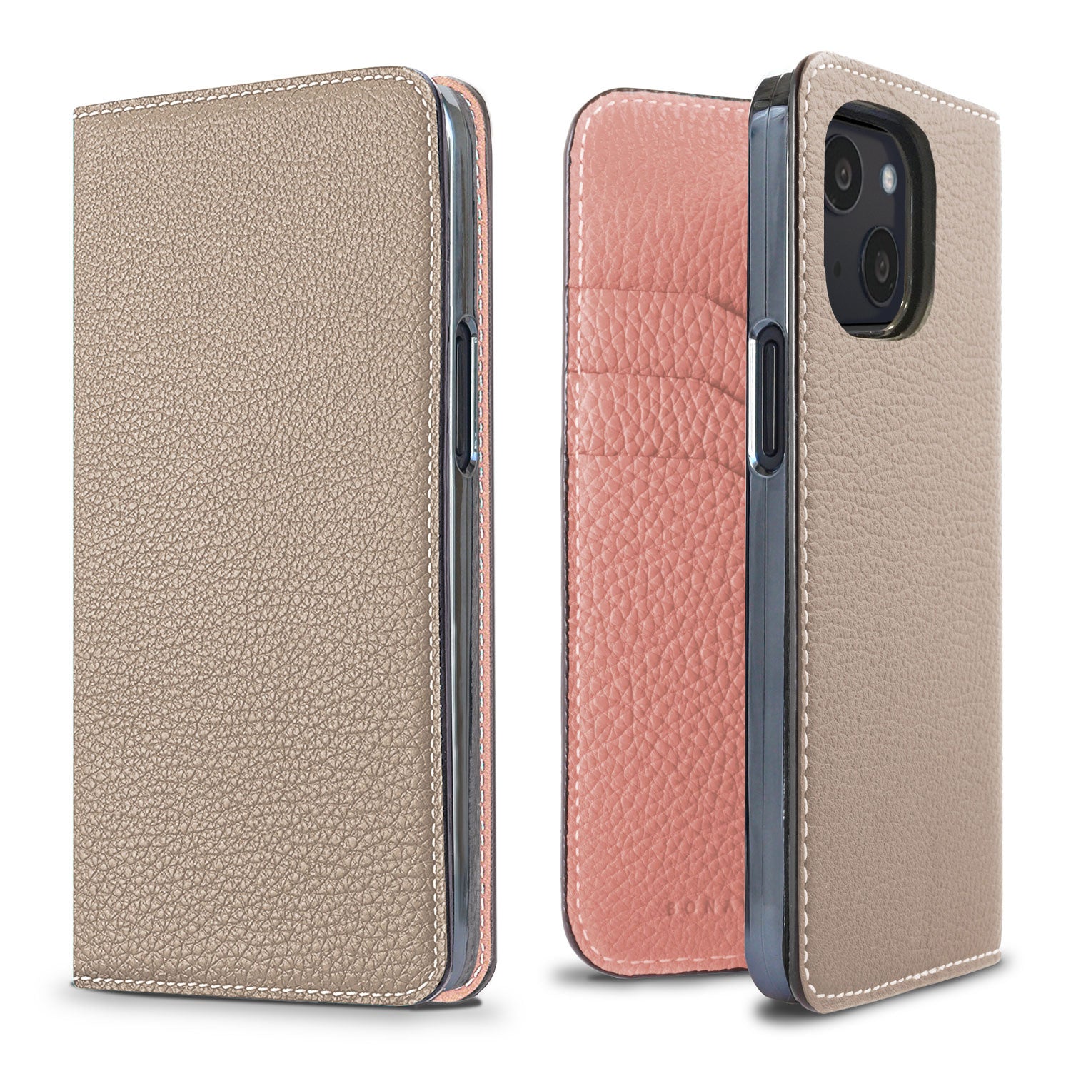 iPhone 13 mini Diary Case Bottalato Leather (Greige × Coral Pink)