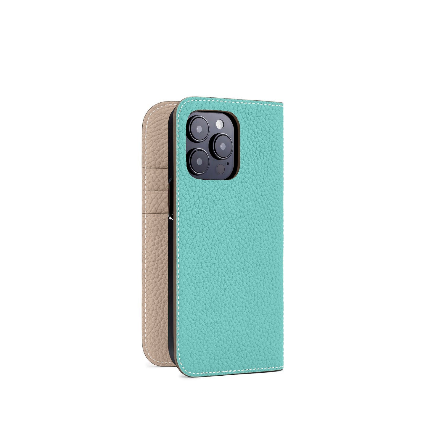 iPhone 14 Pro Diary Case Shrink Leather (Atoll Blue × Greige (Etoupe edge paint))