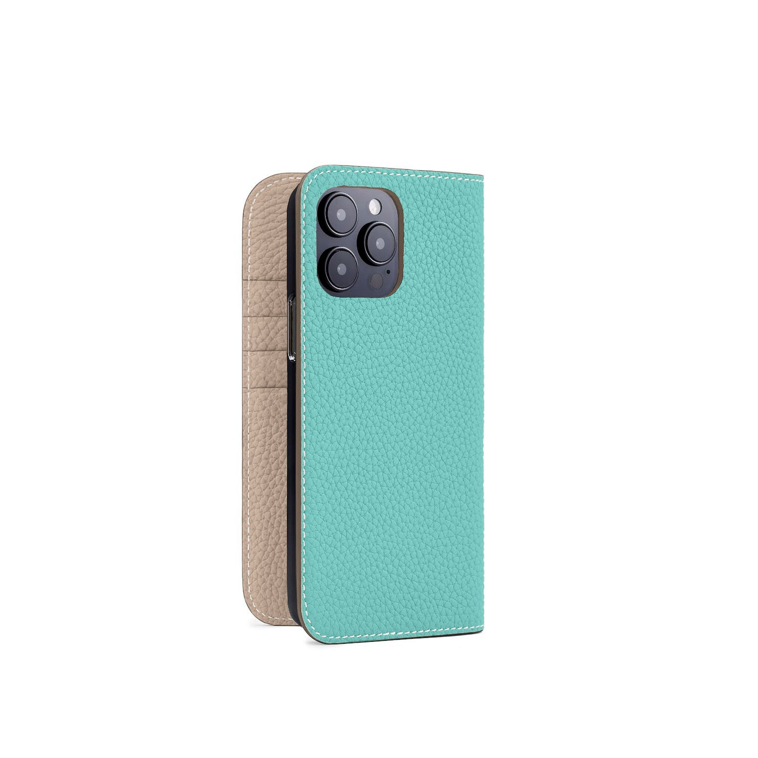 iPhone 14 Pro Max Diary Case Shrink Leather (Atoll Blue × Greige (Etoupe edge paint))