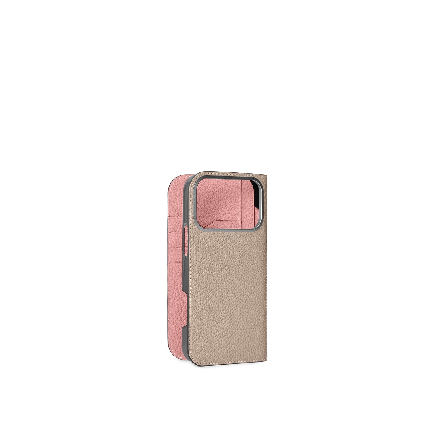 iPhone 17 Pro Max Diary Case Shrink Leather (Greige × Coral Pink)