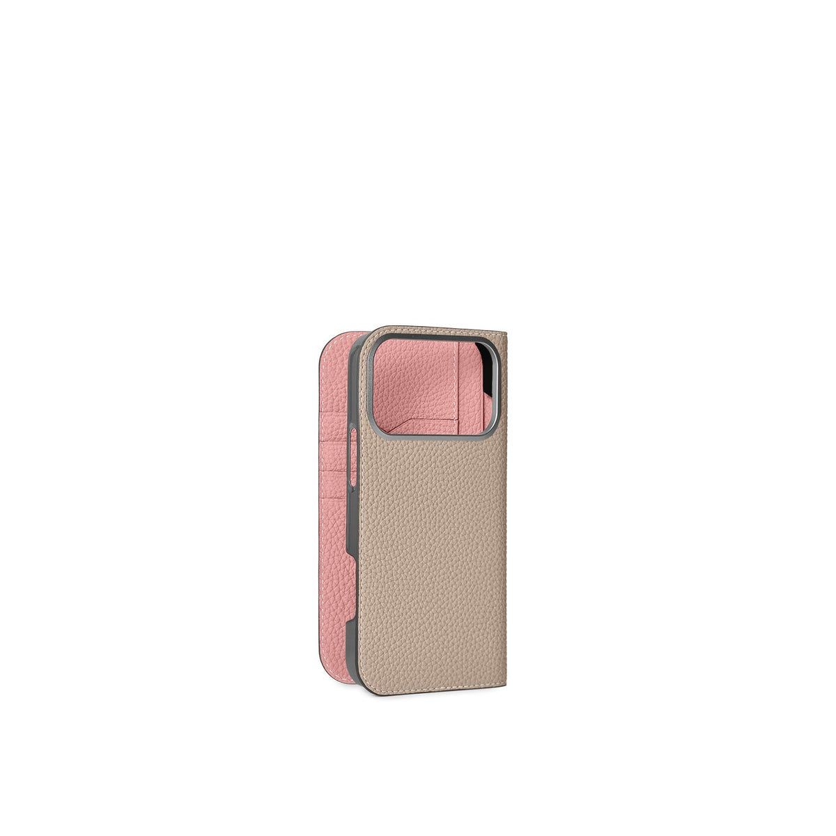 iPhone 18 Pro Max Diary Case Shrink Leather (Greige × Coral Pink)