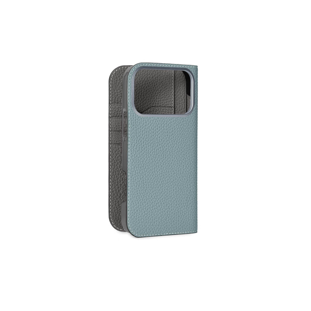 iPhone 18 Pro Max Diary Case Shrink Leather (Smoky Mint × Charcoal Gray)