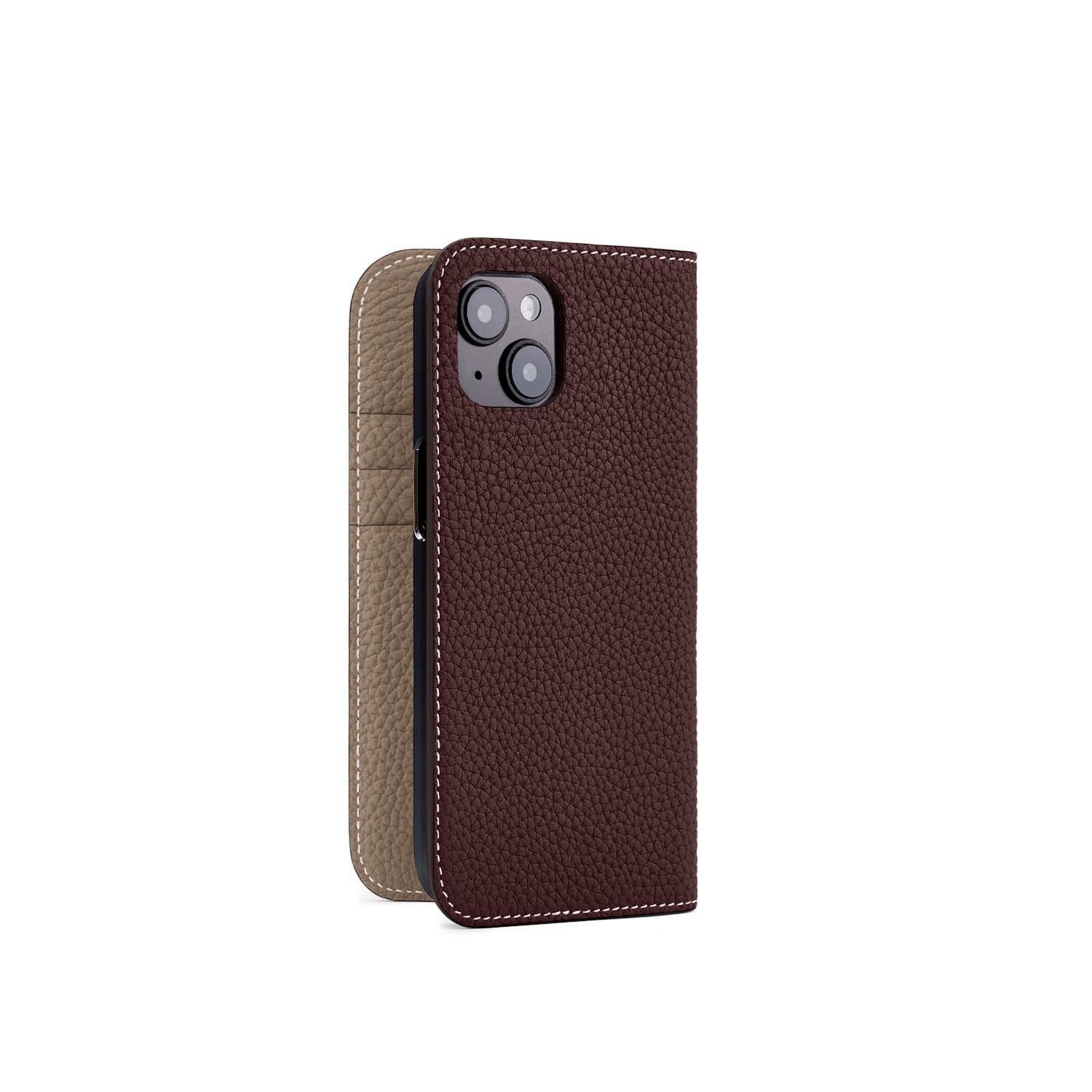 iPhone 15 Diary Case Shrink Leather (Bordeaux × Etoupe)