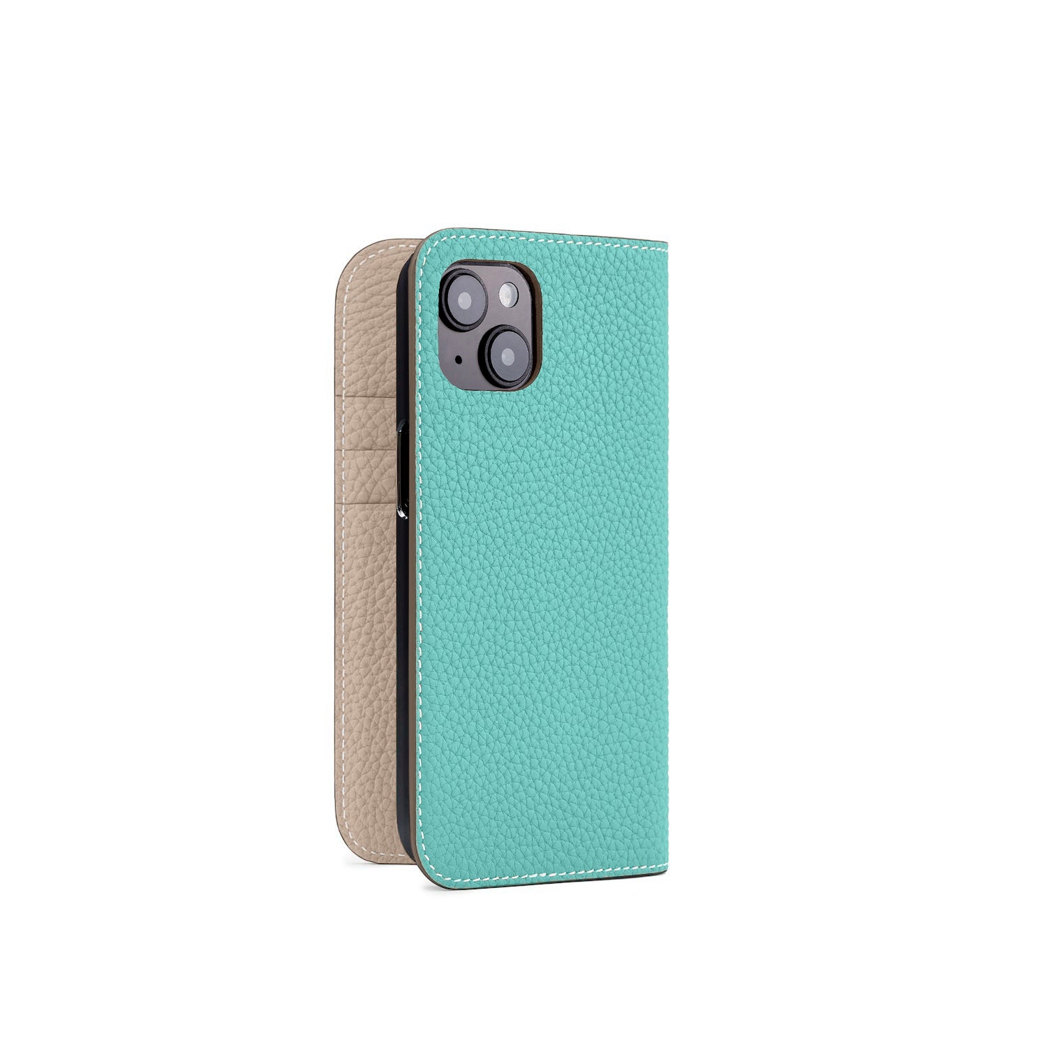 iPhone 15 Diary Case Shrink Leather (Atoll Blue × Greige (Etoupe edge paint))