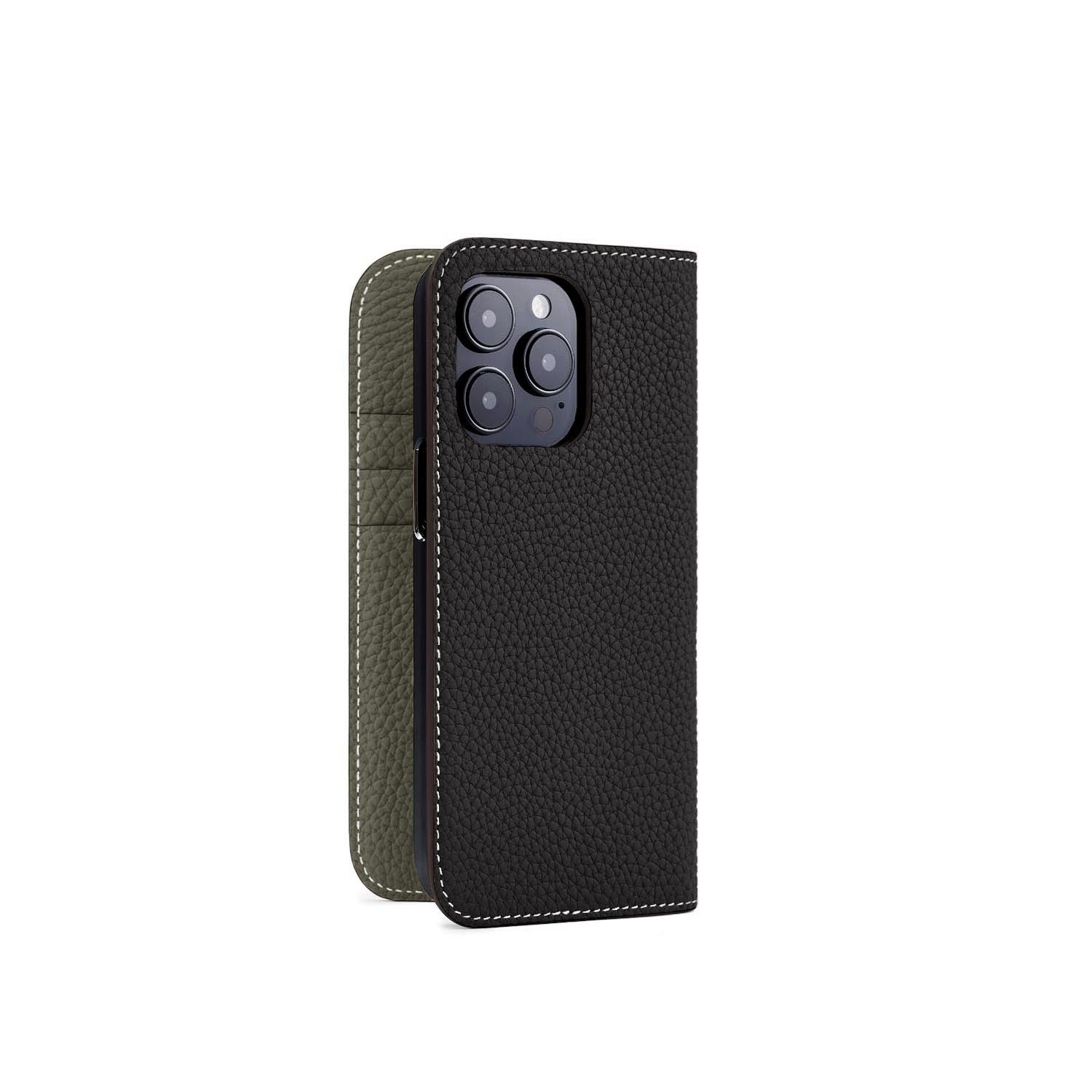 iPhone 15 Pro Diary Case Shrink Leather (Black × Olive)